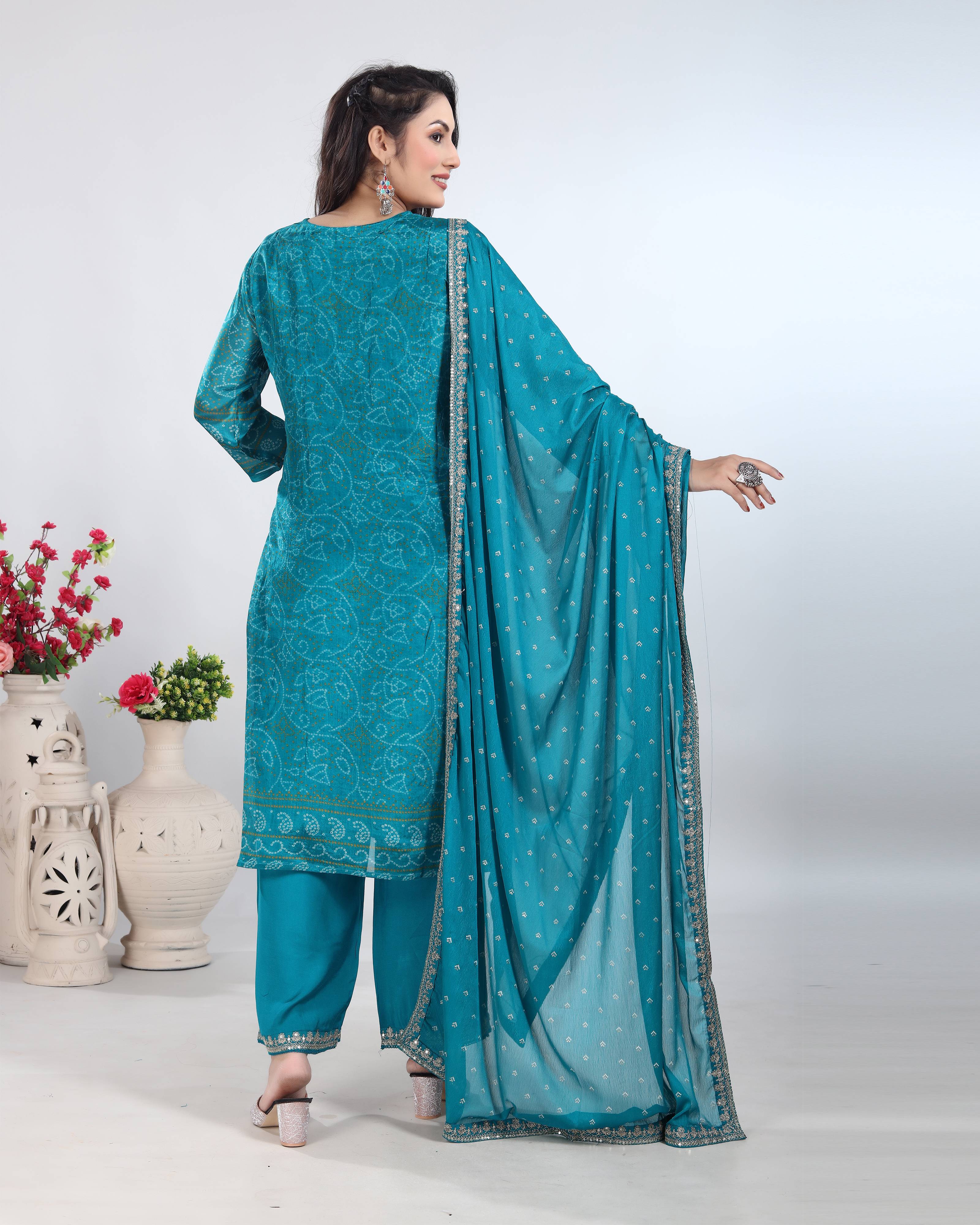 Turquoise Bandhani Silk Dress