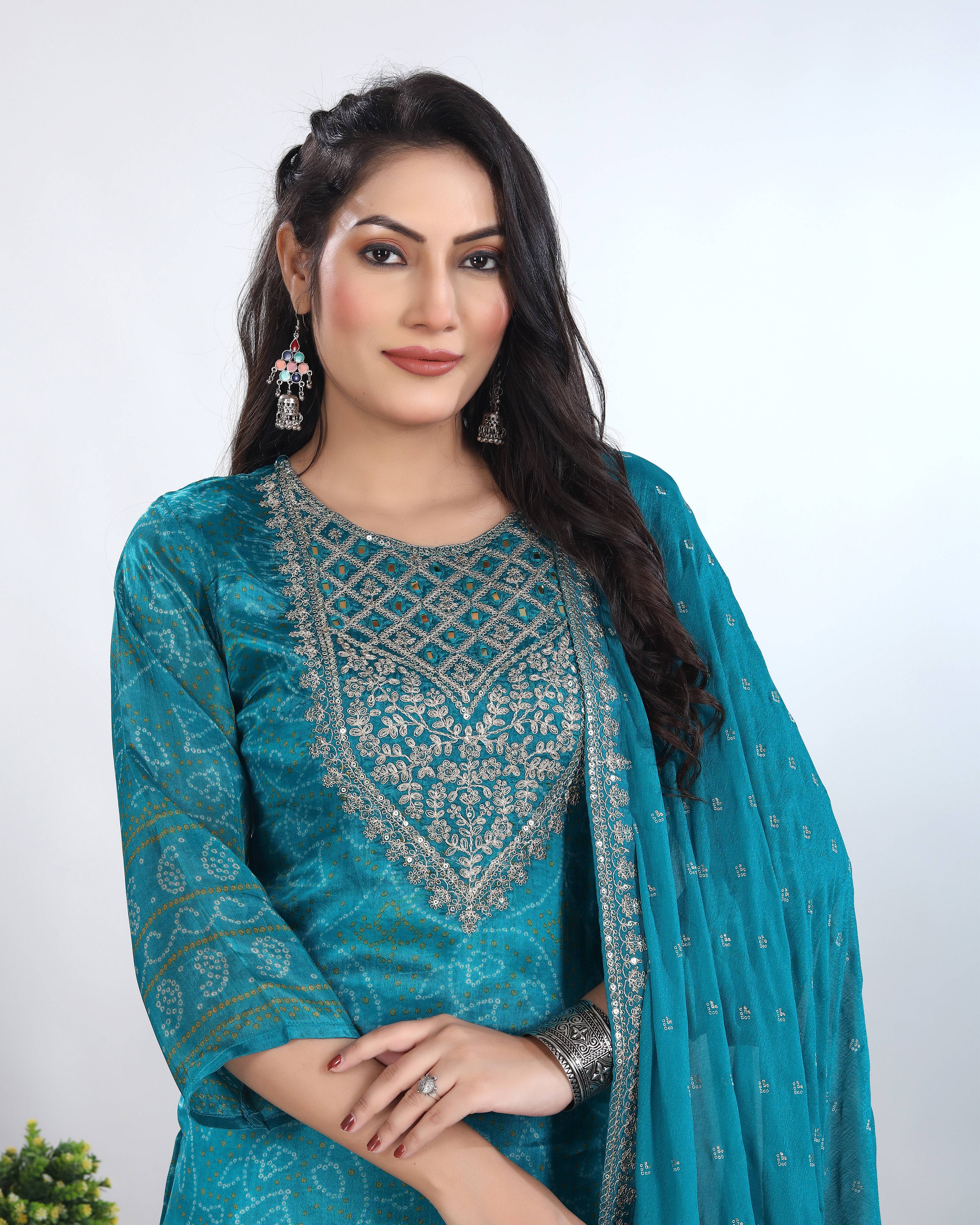 Turquoise Bandhani Silk Dress