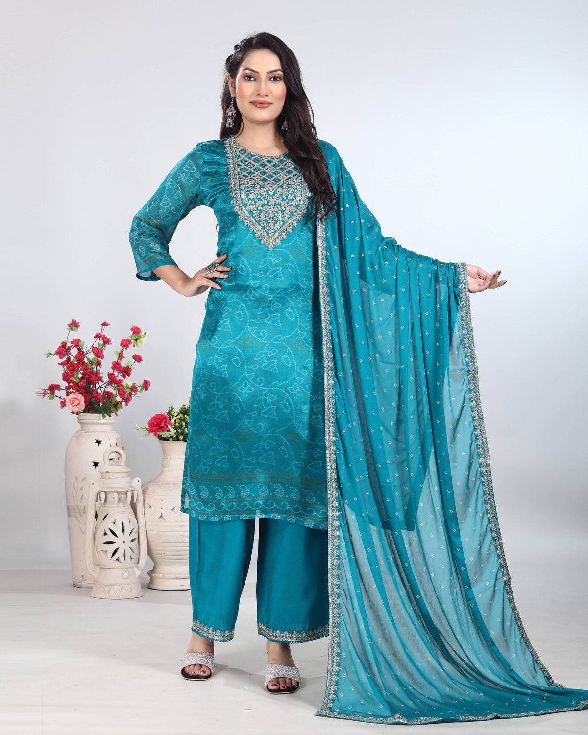 Turquoise Bandhani Silk Dress