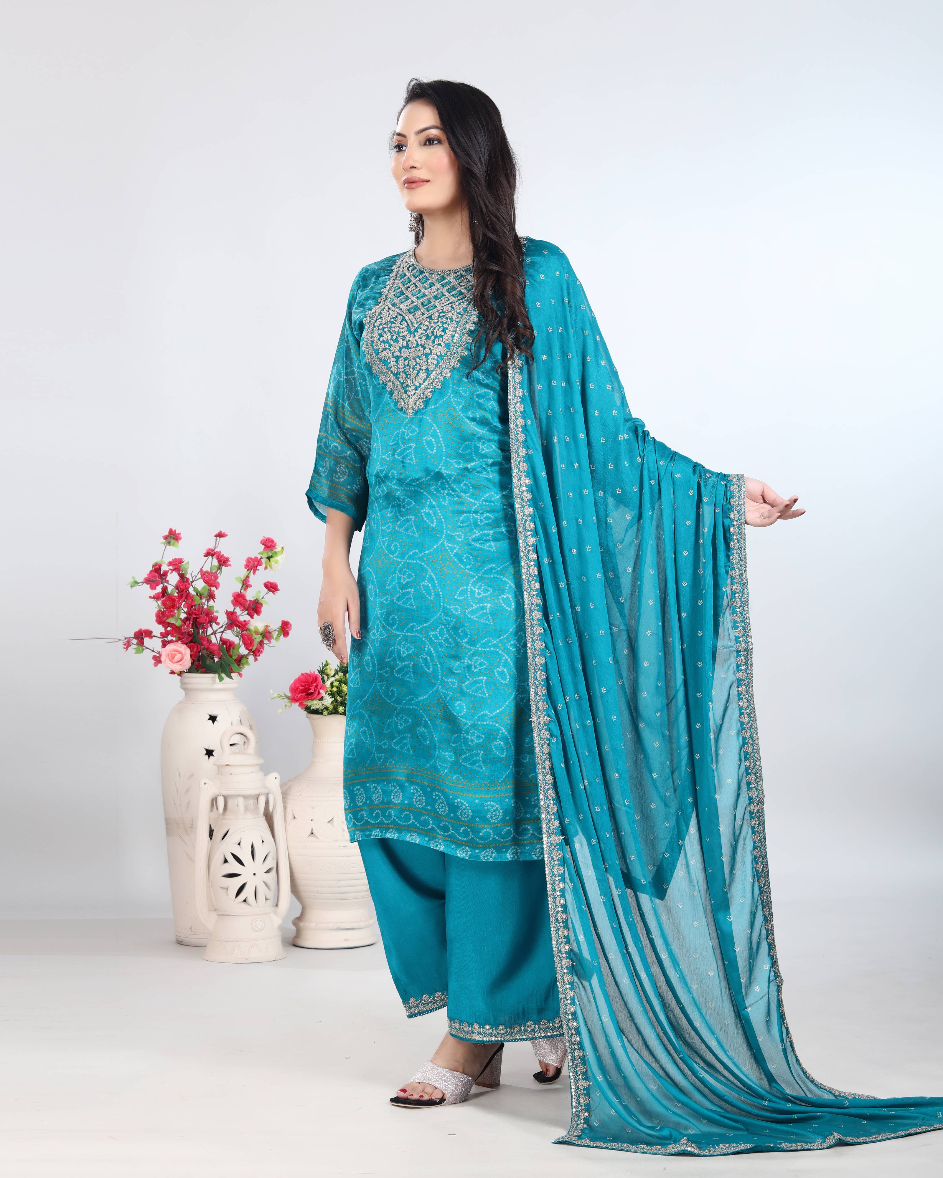 Turquoise Bandhani Silk Dress