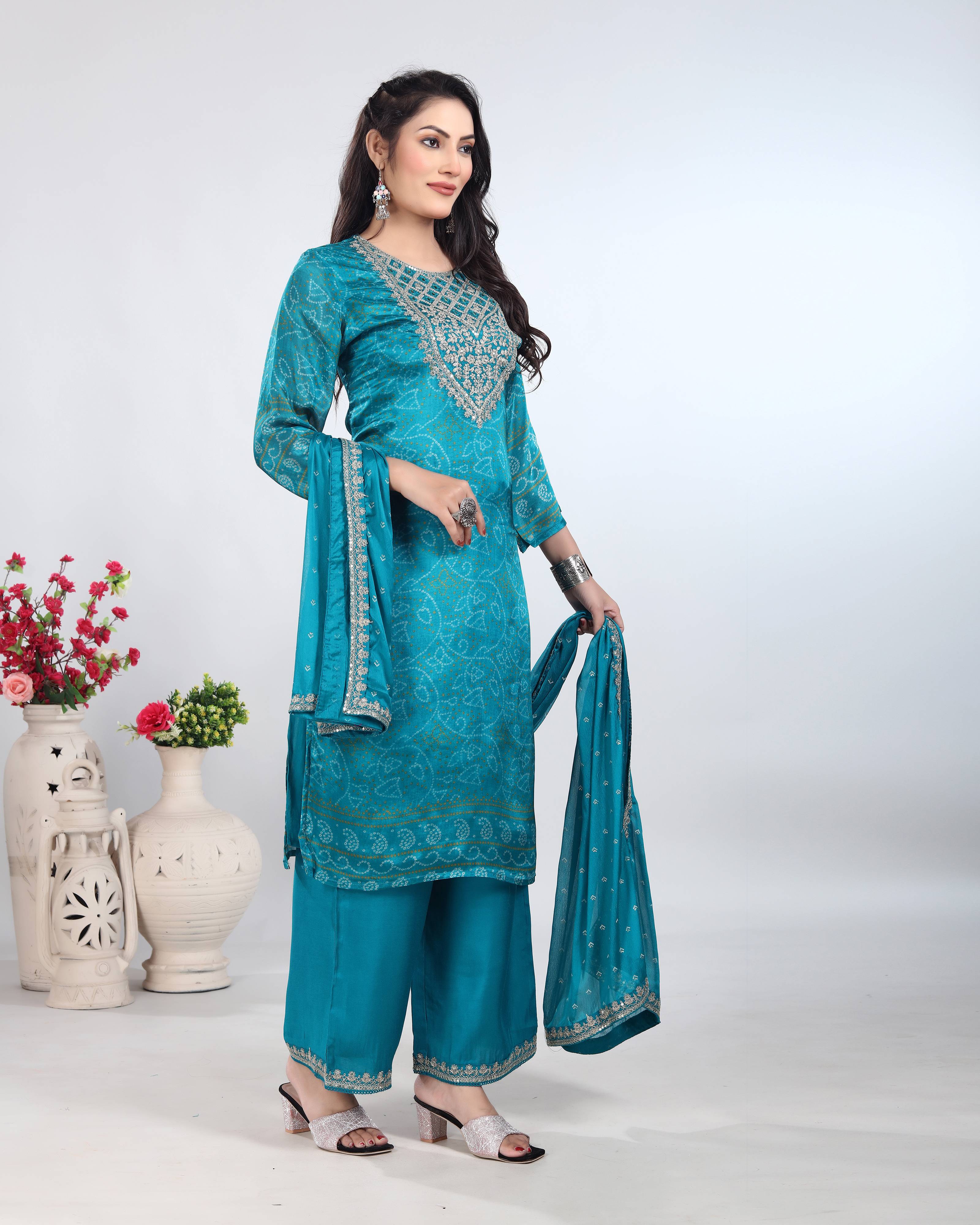 Turquoise Bandhani Silk Dress