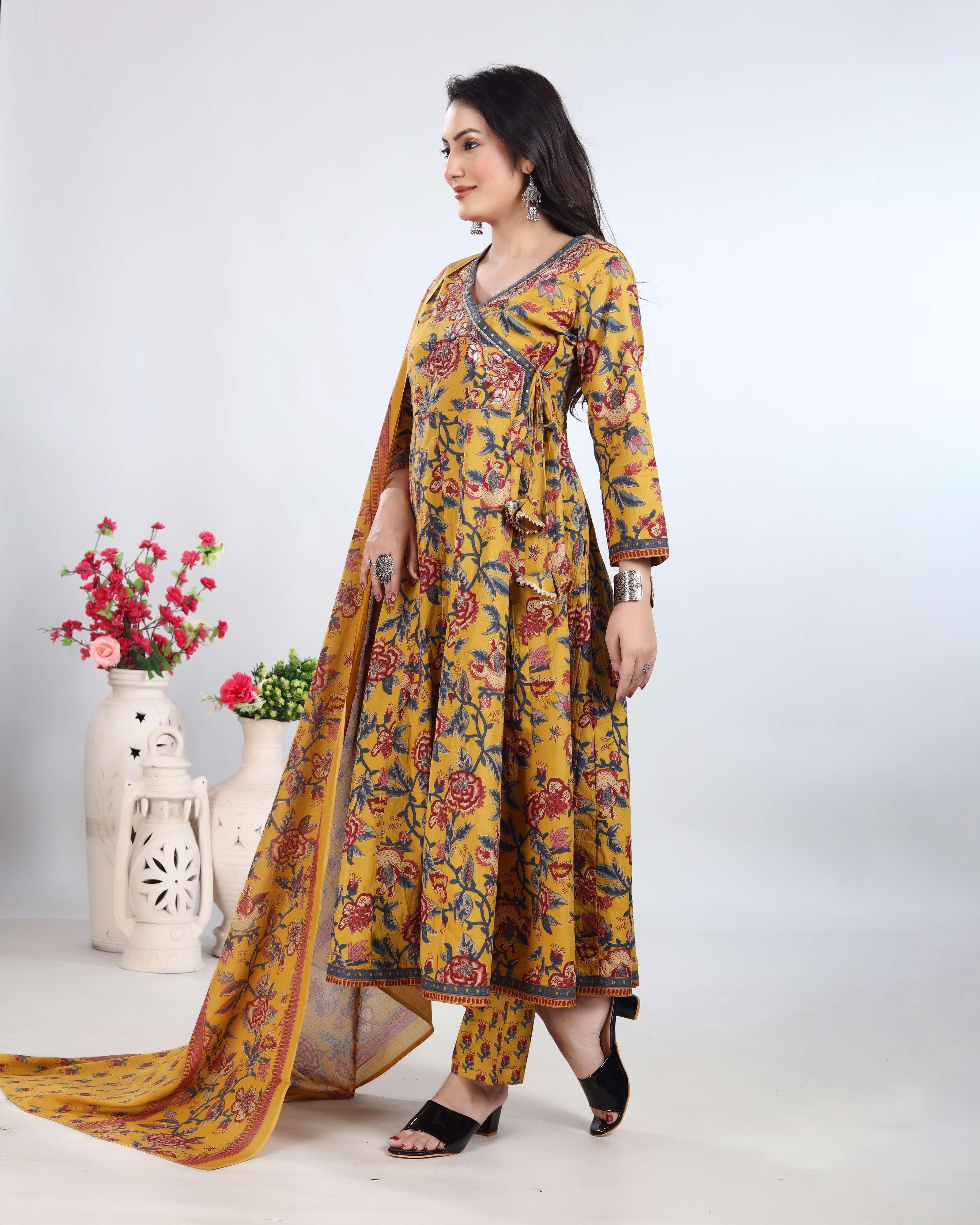 Mustard Gold Dhaabu Print Kurti Set