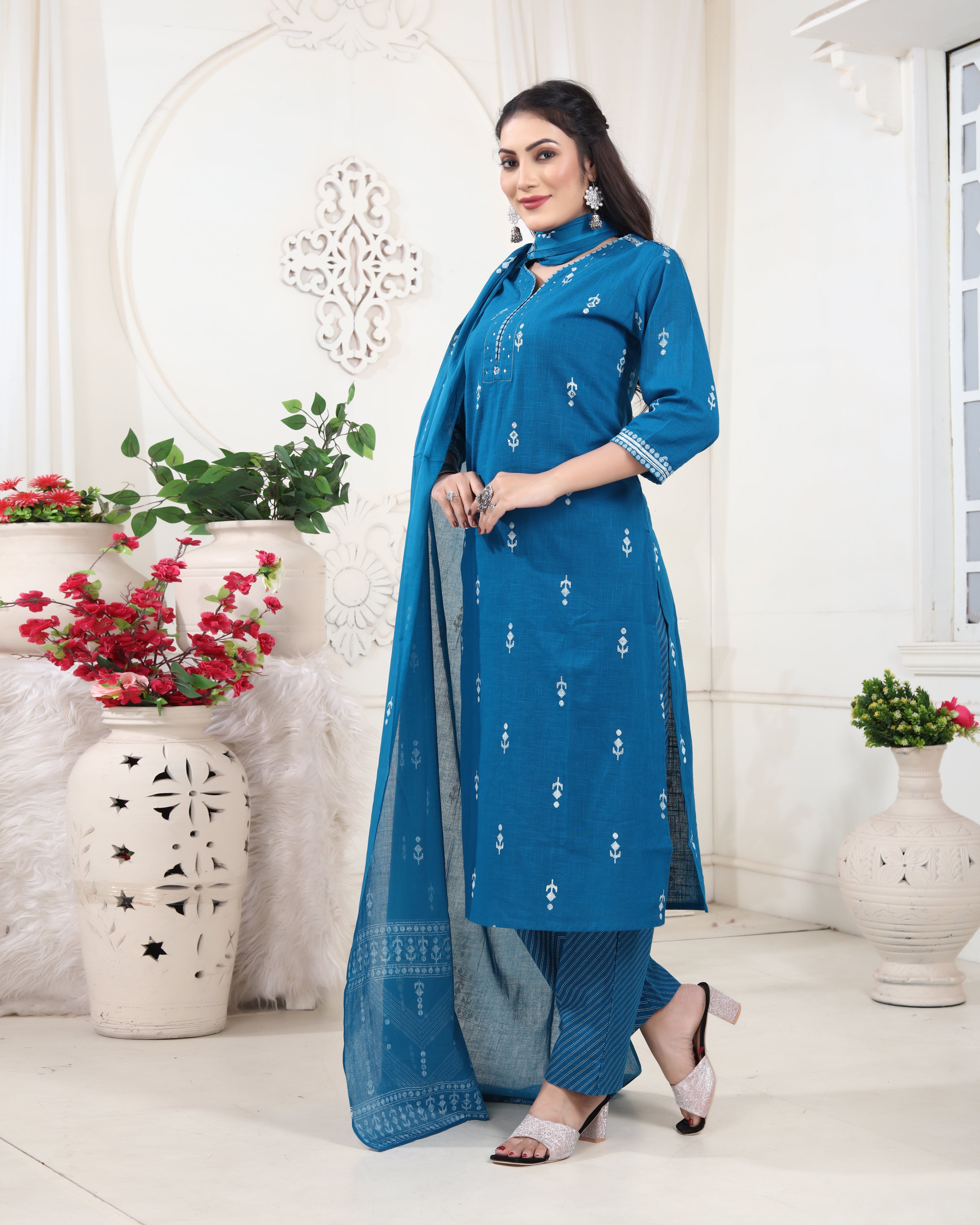 Peacock Blue Jacquard Kurti Set