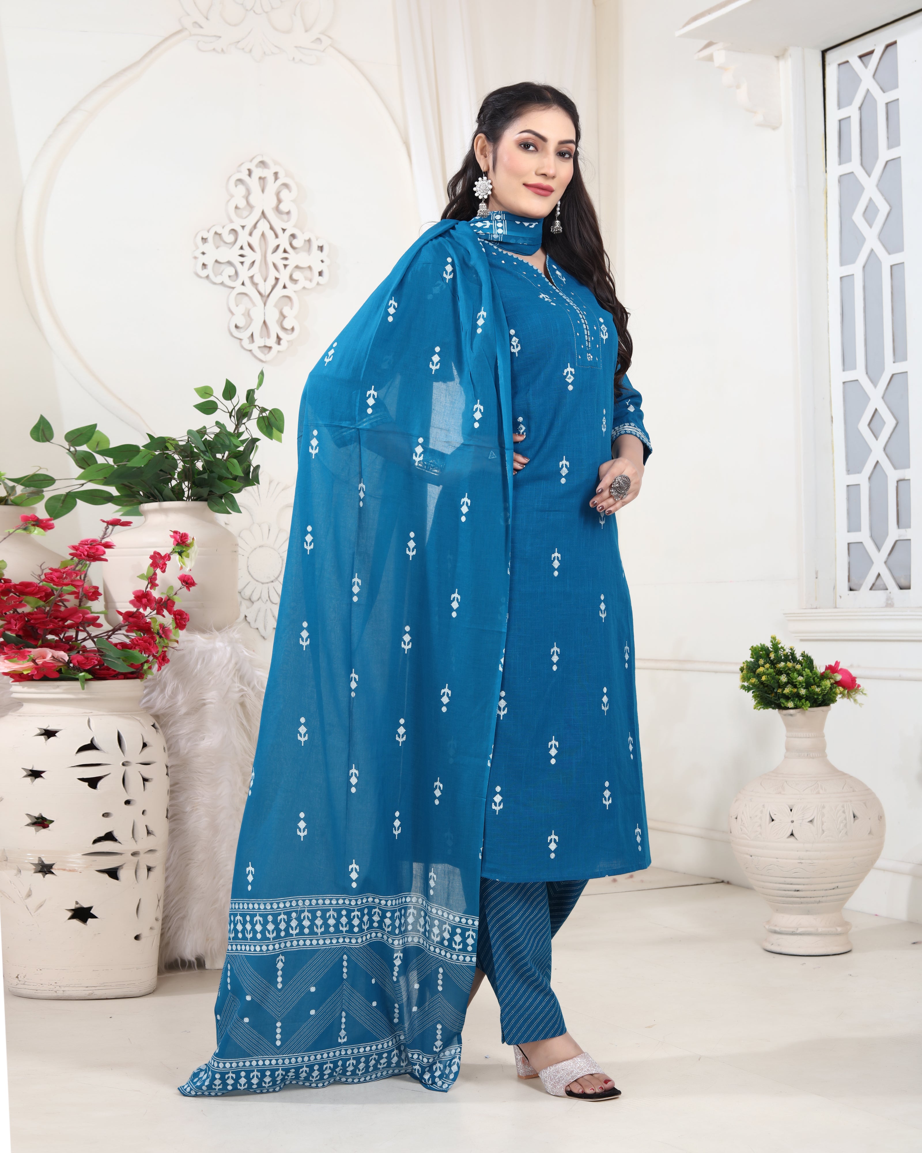 Peacock Blue Jacquard Kurti Set