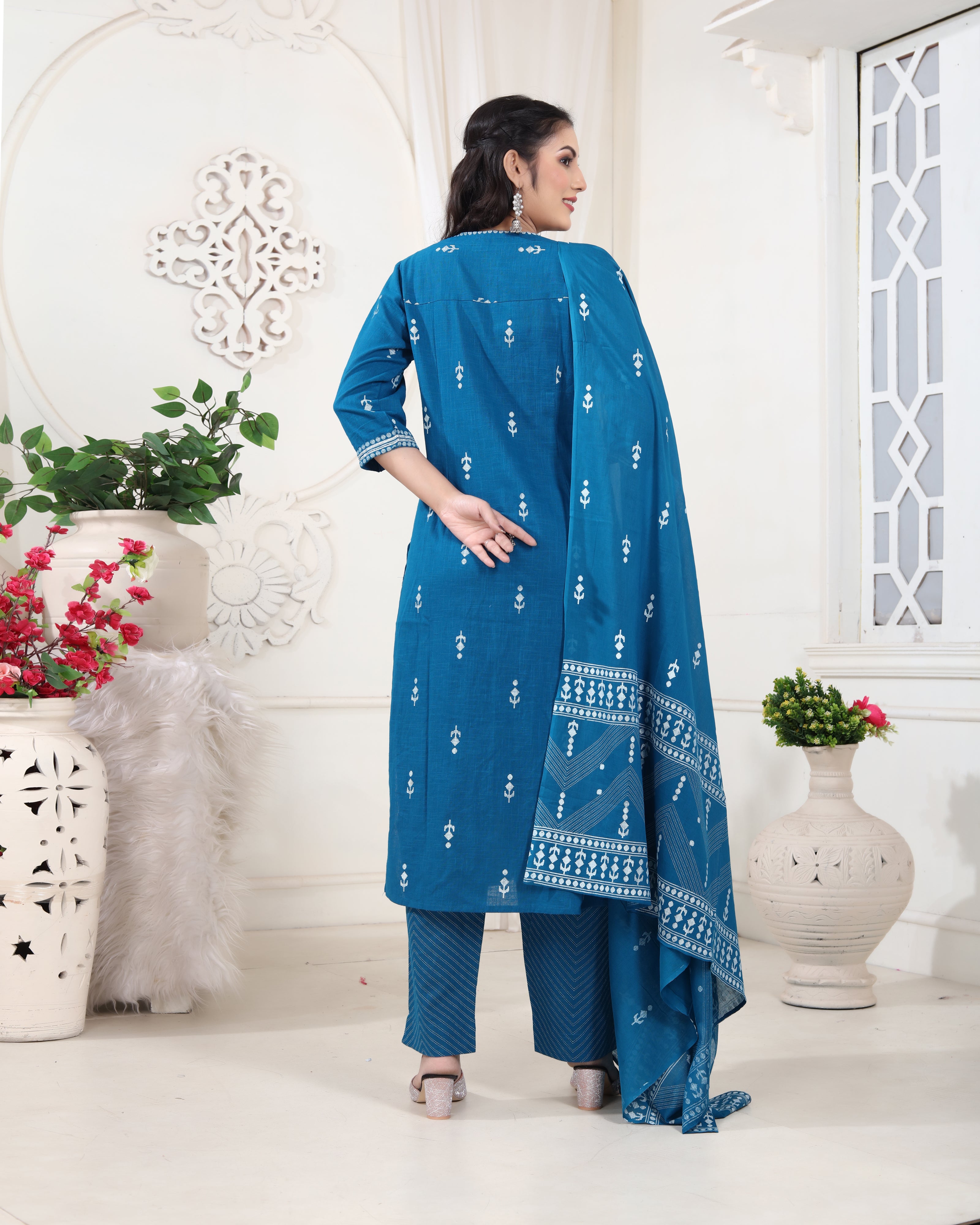 Peacock Blue Jacquard Kurti Set