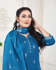 Peacock Blue Jacquard Kurti Set