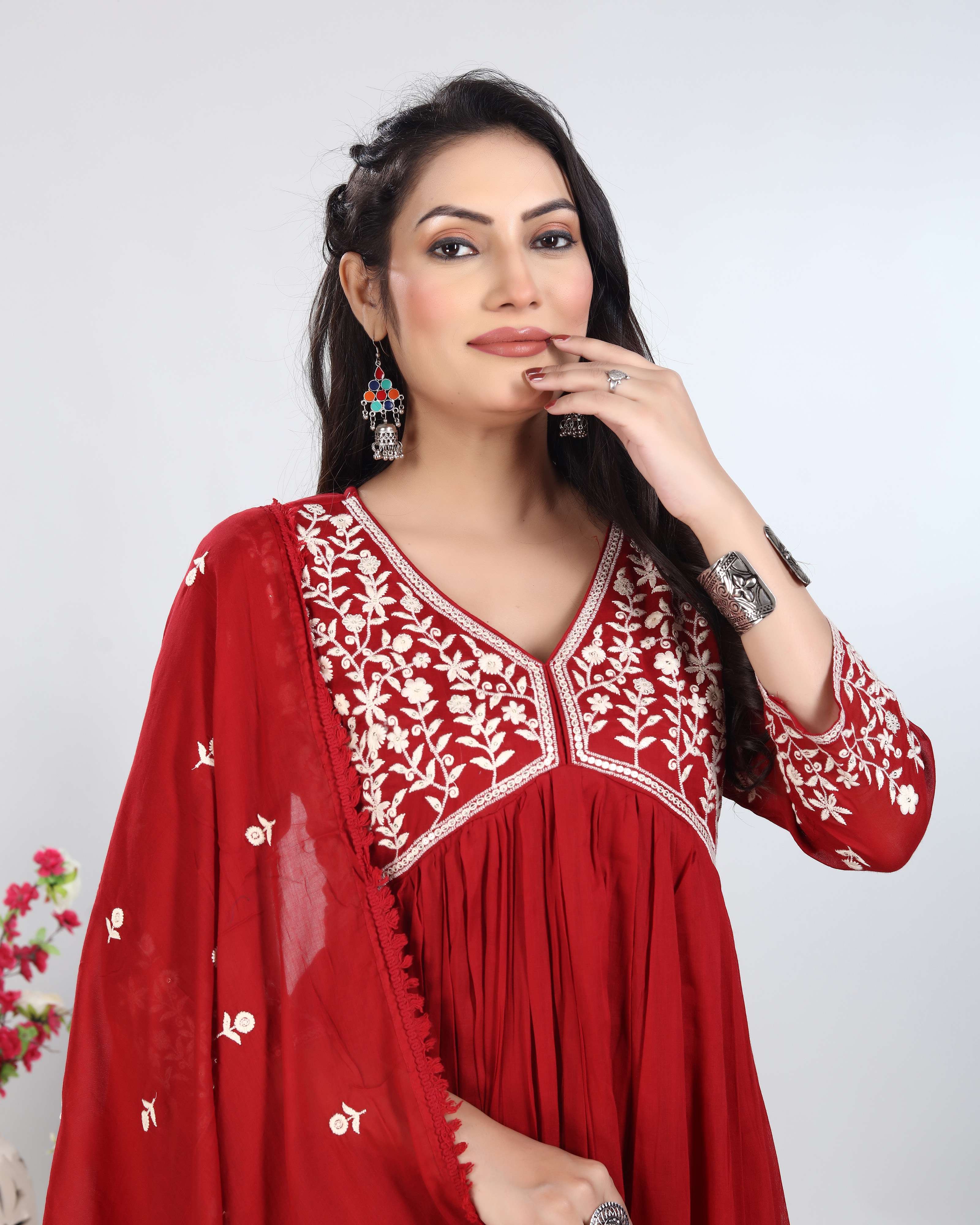 Maroon Lucknowi Embroidered Kurti Set