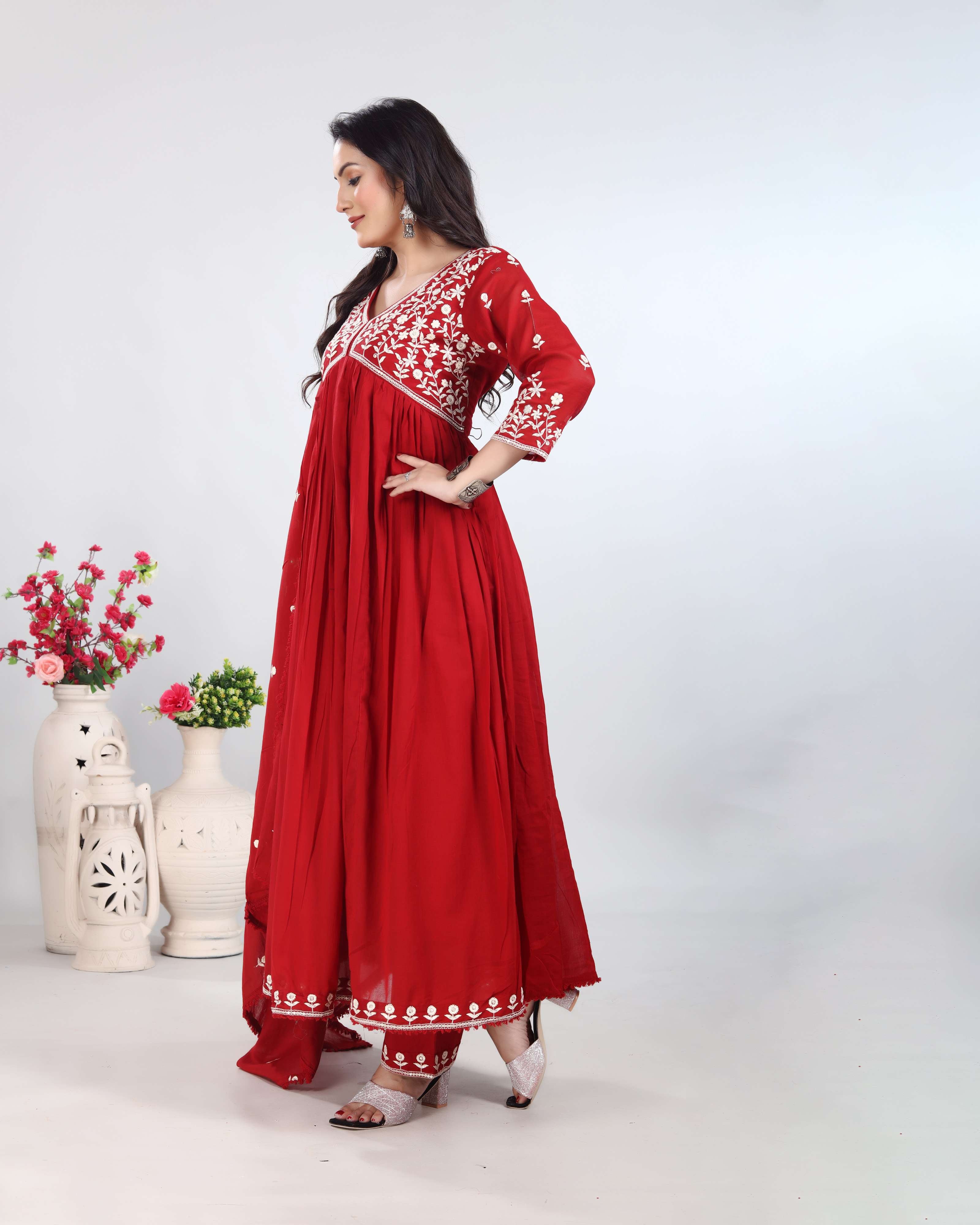 Maroon Lucknowi Embroidered Kurti Set