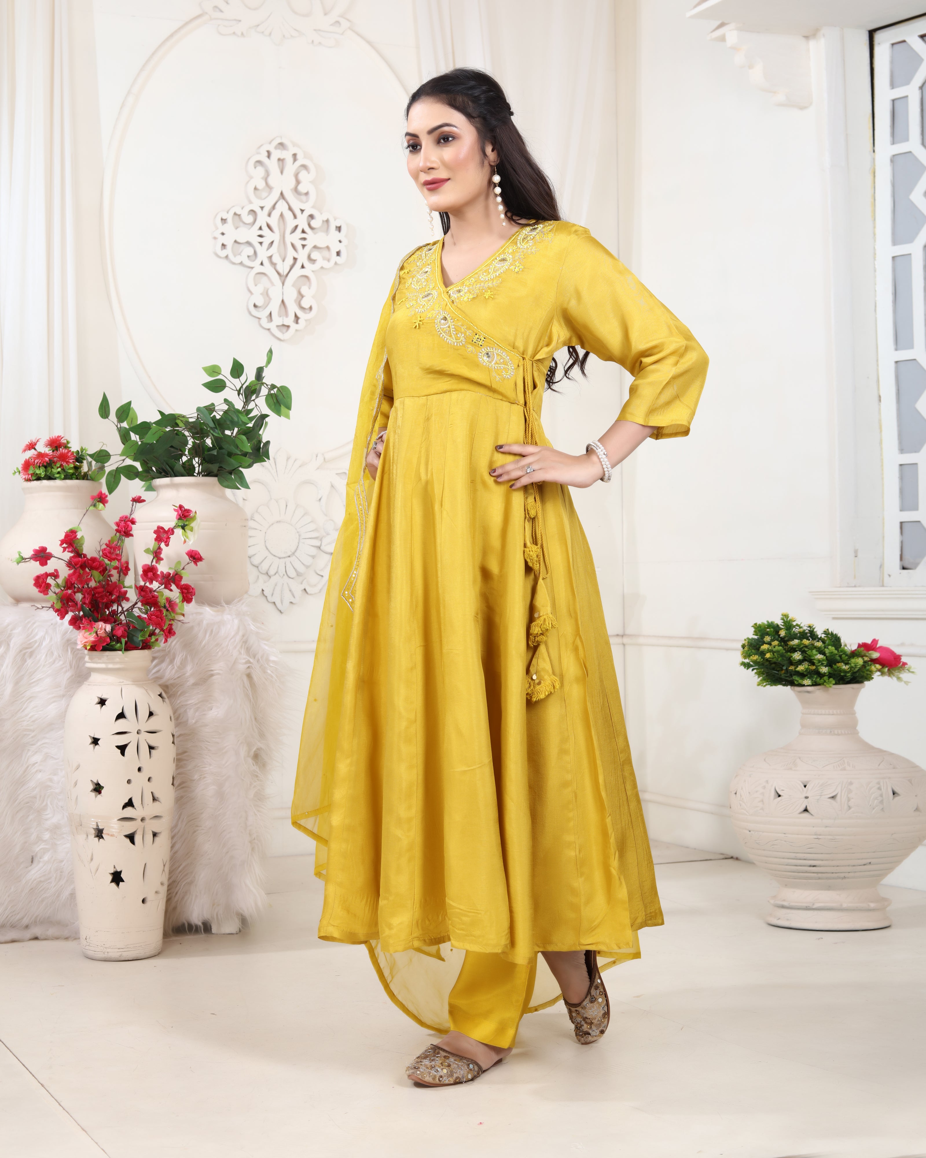 Golden Yellow Y-Neck Upada Silk Kurti Set