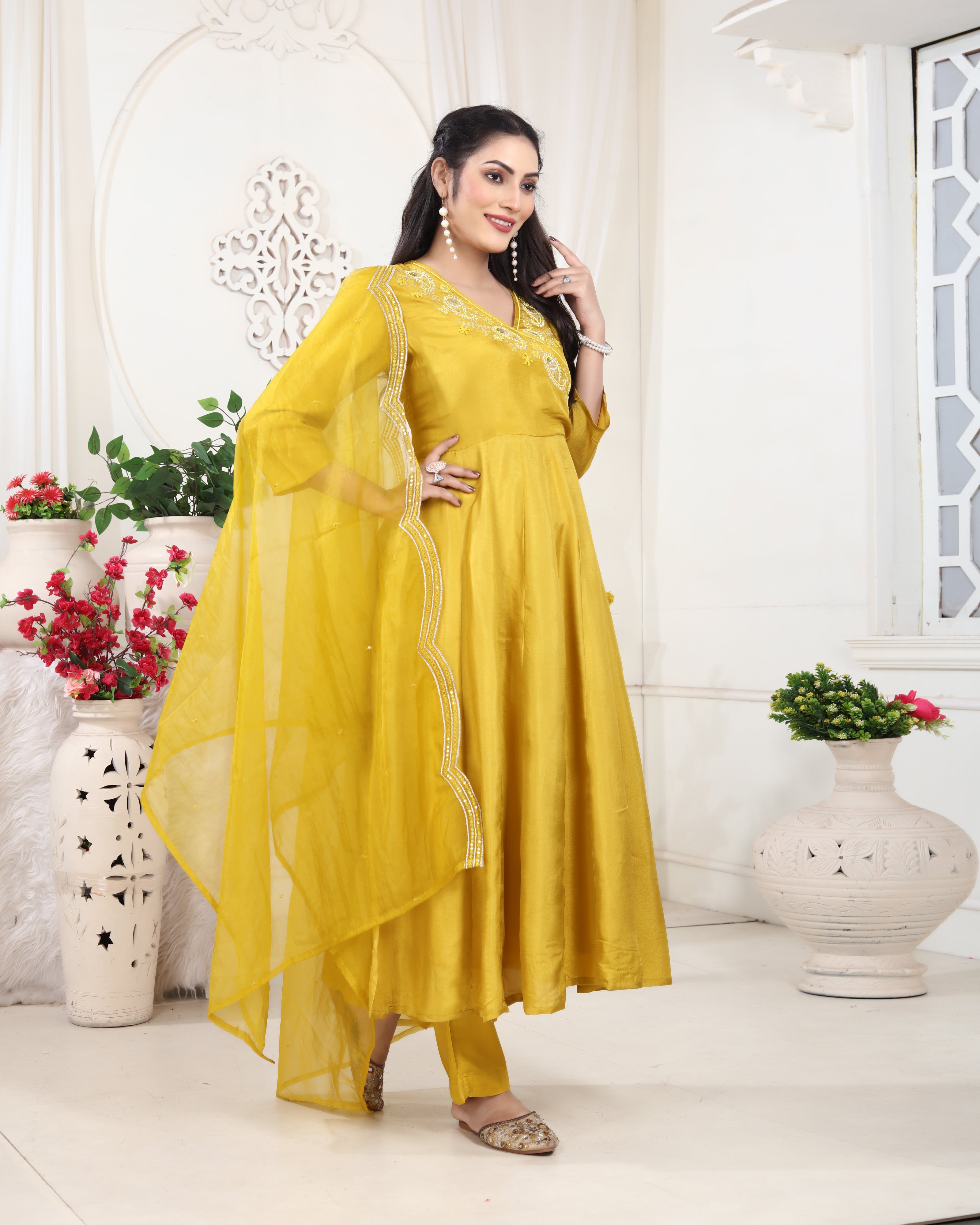 Golden Yellow Y-Neck Upada Silk Kurti Set