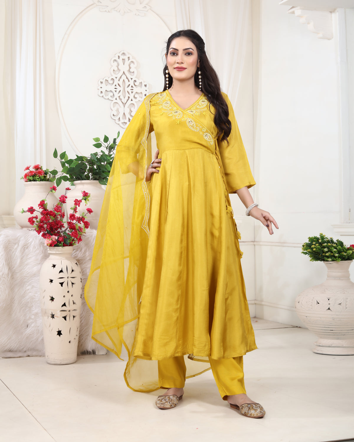 Golden Yellow Y-Neck Upada Silk Kurti Set