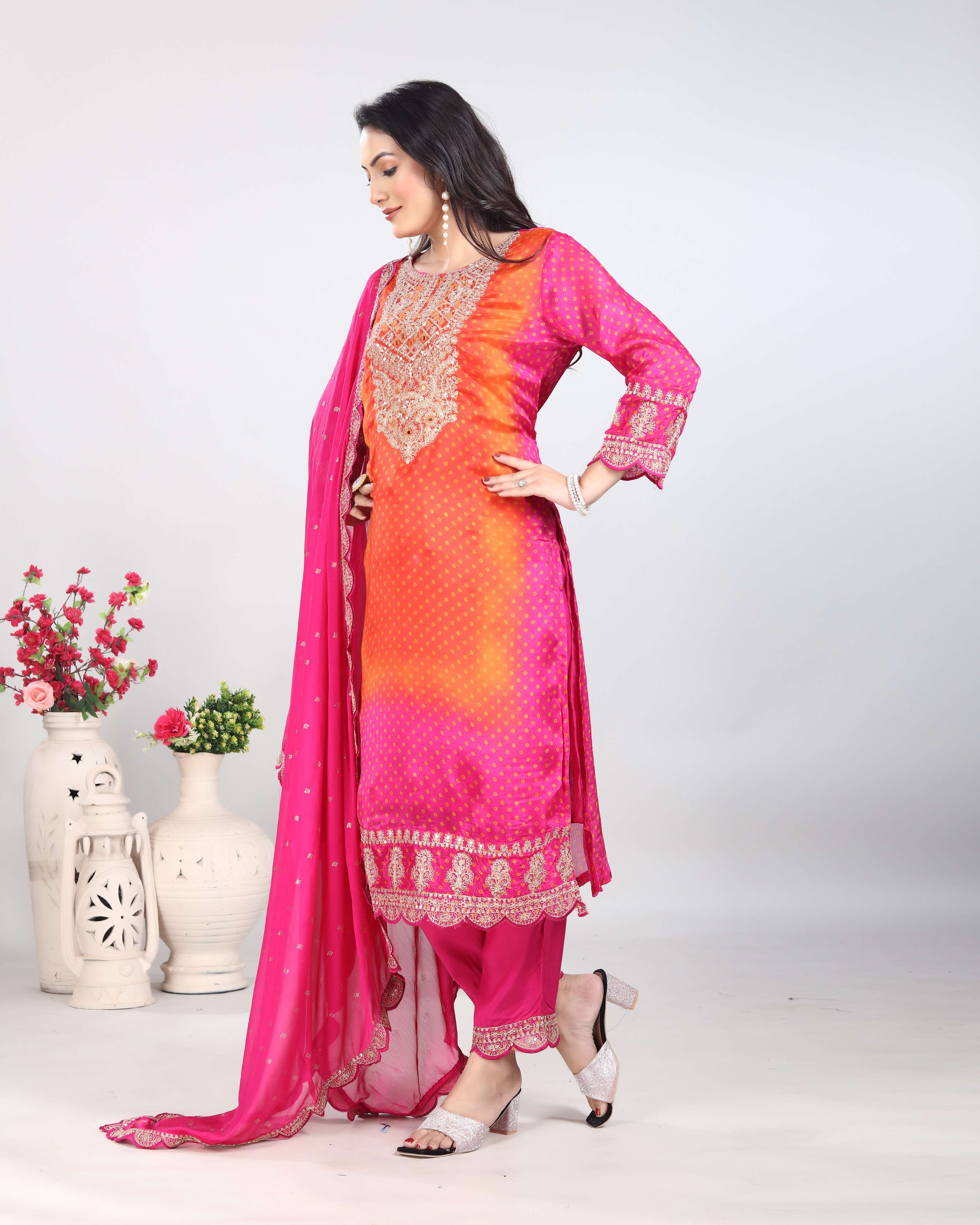 Bandhej Upada Silk Kurti Set