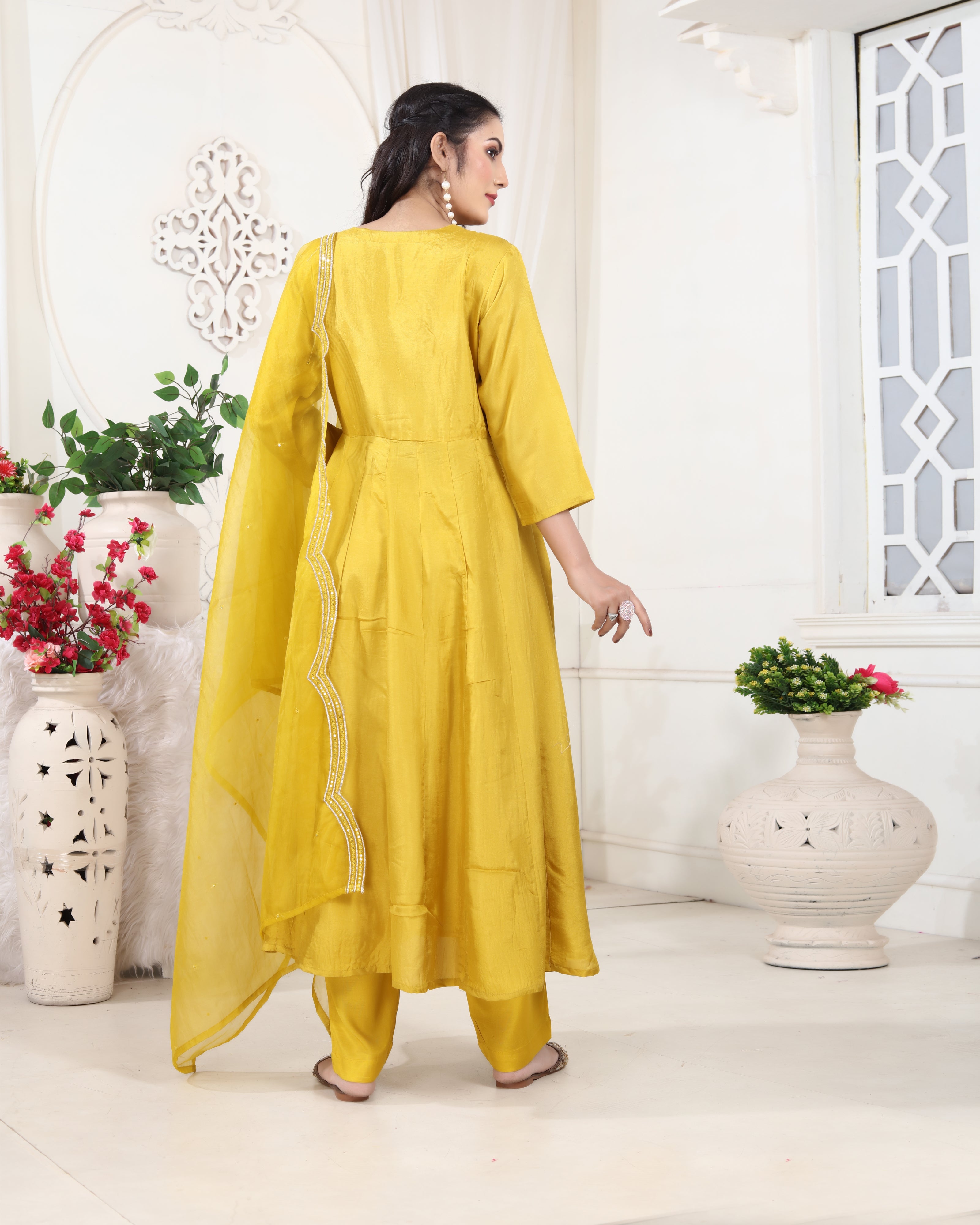 Golden Yellow Y-Neck Upada Silk Kurti Set