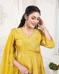 Golden Yellow Y-Neck Upada Silk Kurti Set