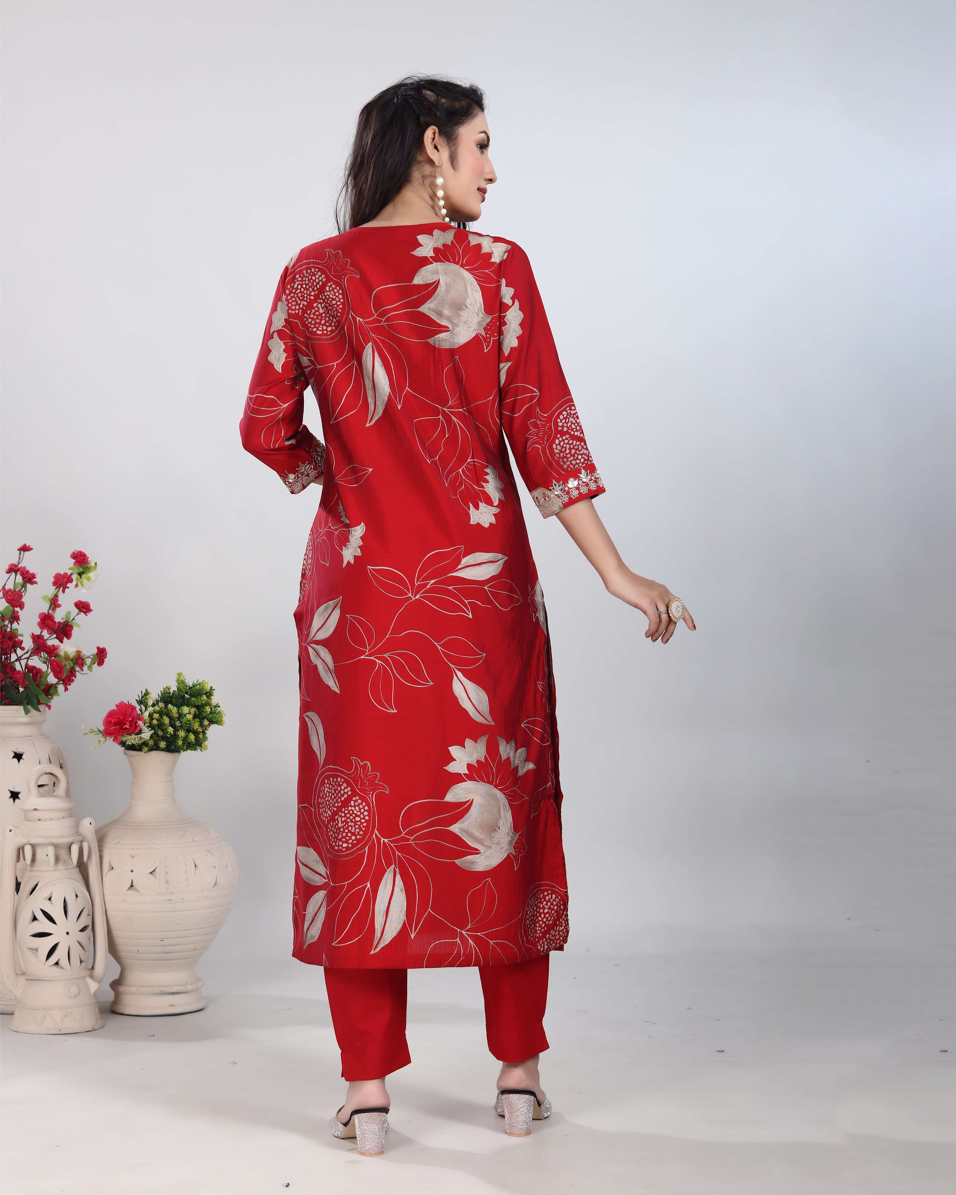 Maroon Floral Maslin Silk Kurti set