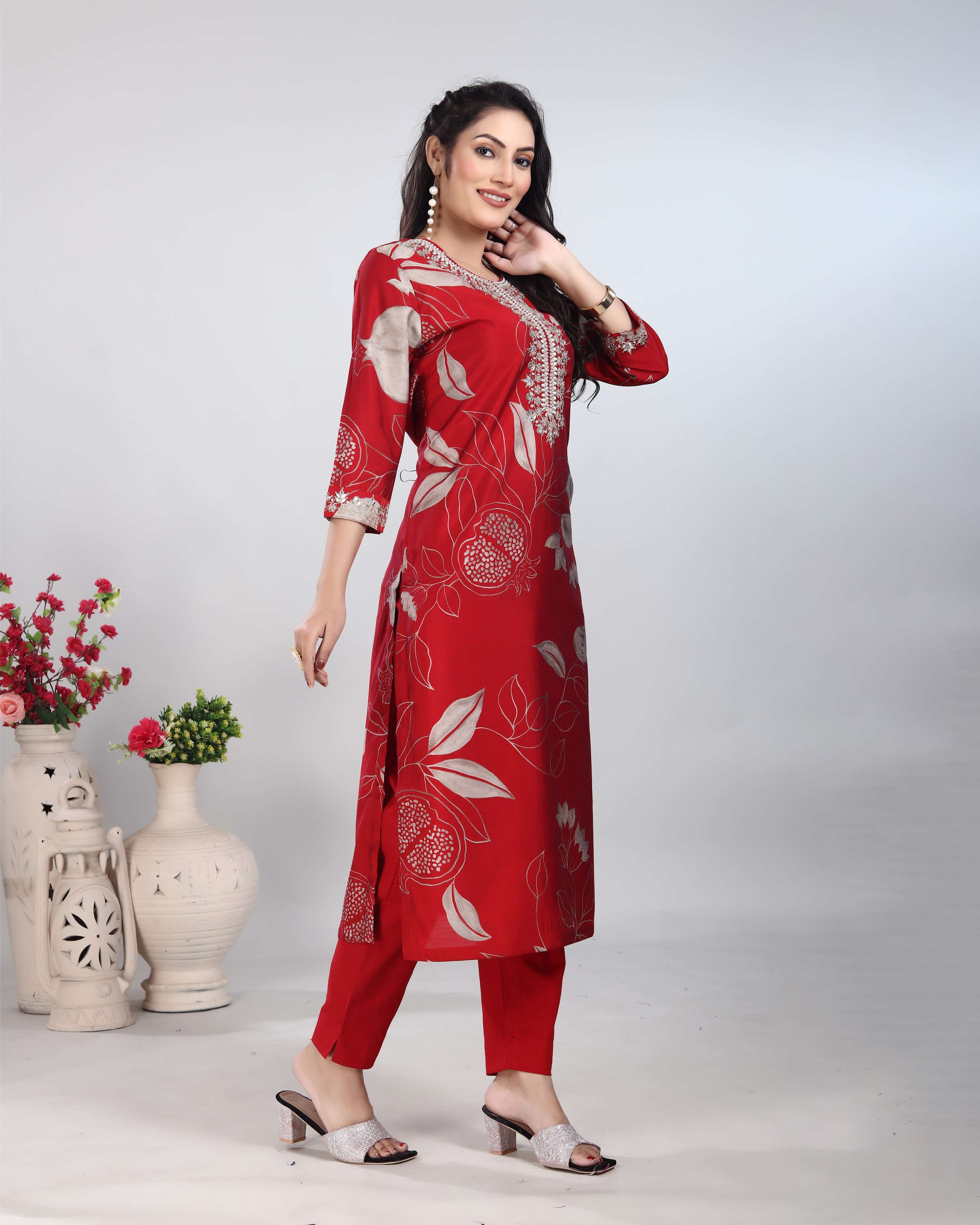 Maroon Floral Maslin Silk Kurti set