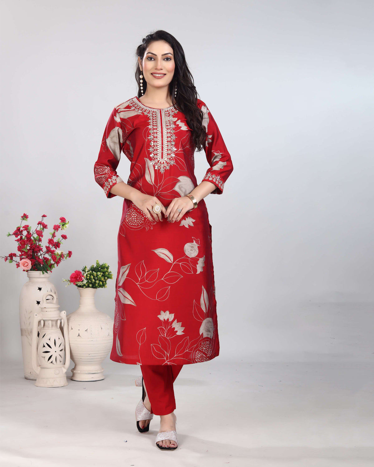 Maroon Floral Maslin Silk Kurti set