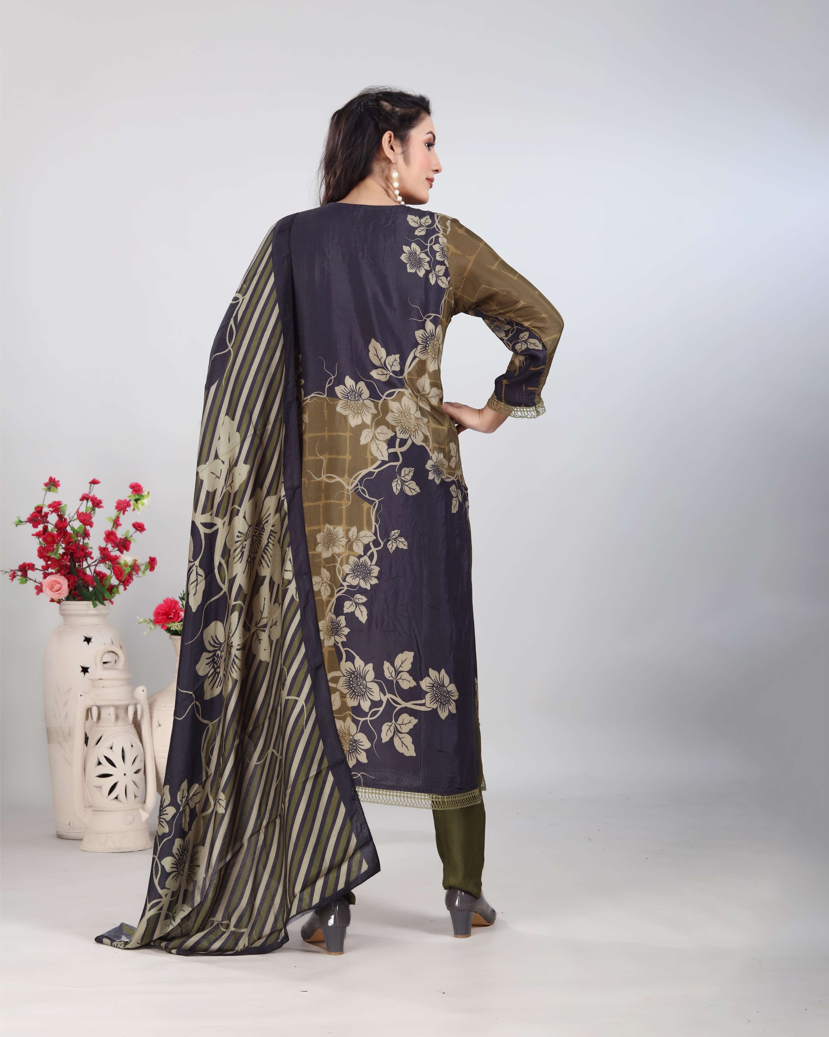 Black Mehendi Art Silk Kurti Set