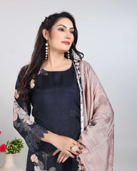 Floral Black Silk Kurti Set