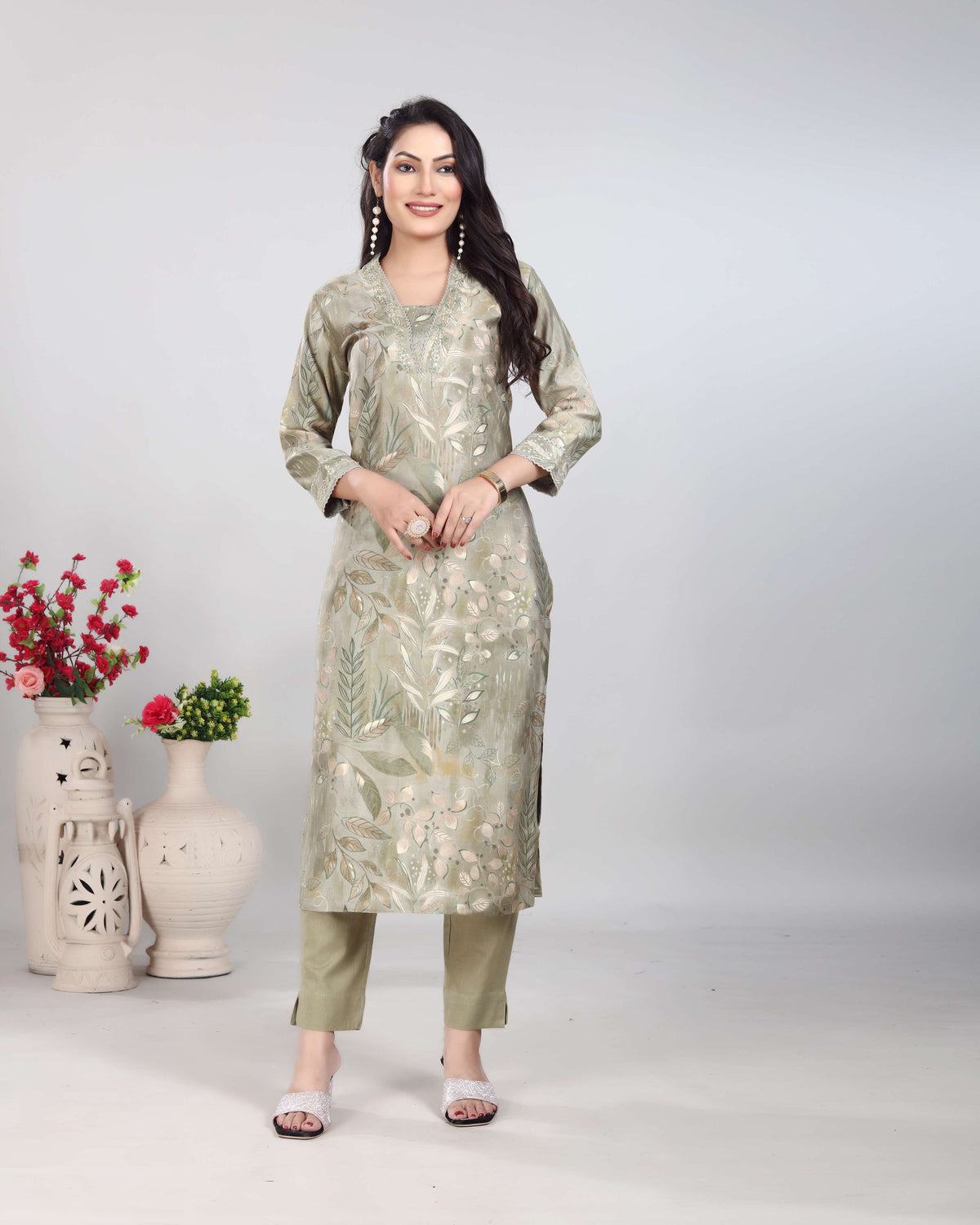 Mint Green V-Neck Kurti Set