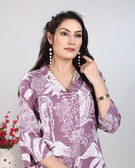 Purple White Vintage Print Cotton Kurti Set