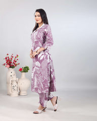 Purple White Vintage Print Cotton Kurti Set