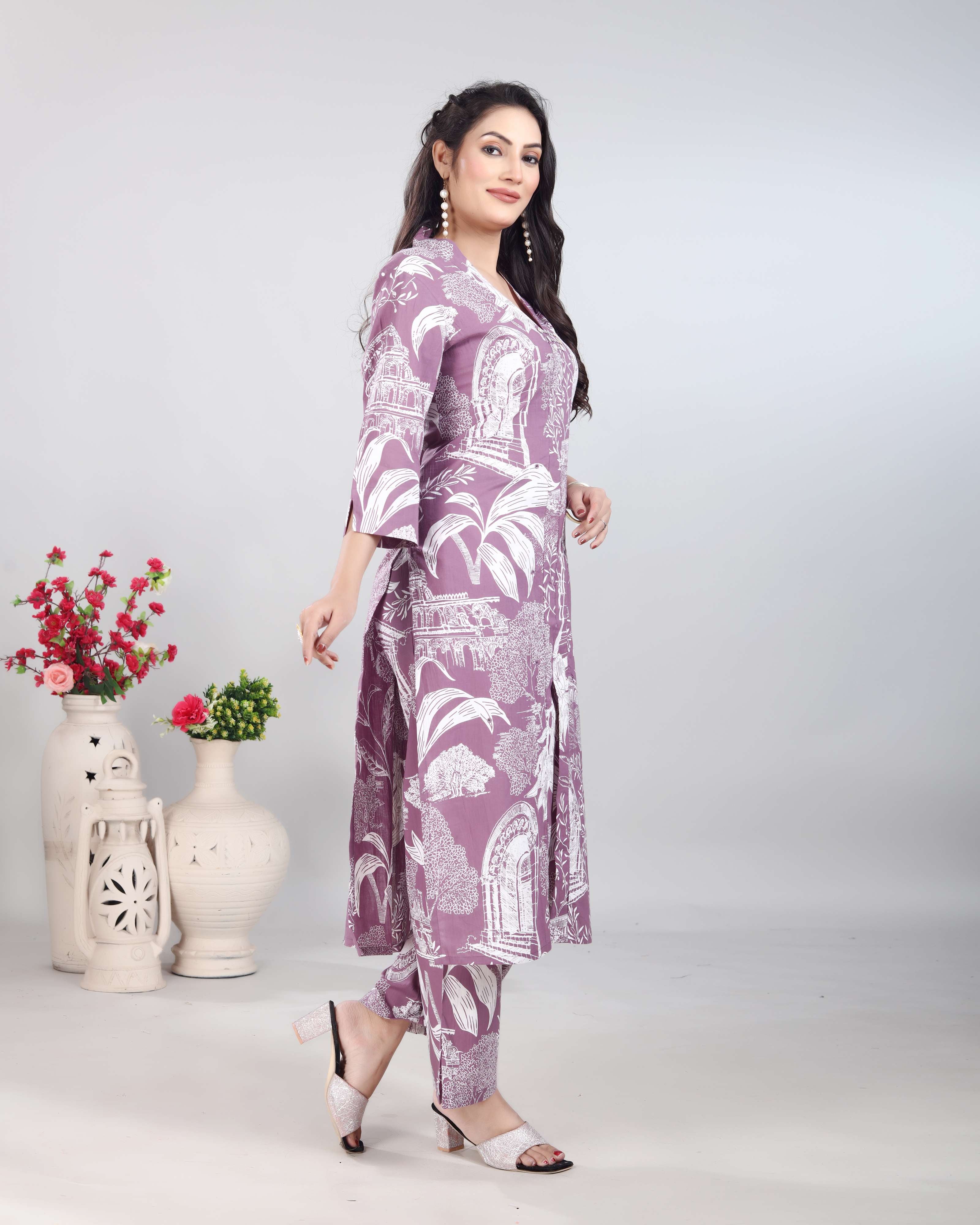 Purple White Vintage Print Cotton Kurti Set