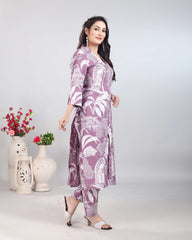 Purple White Vintage Print Cotton Kurti Set