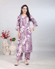 Purple White Vintage Print Cotton Kurti Set