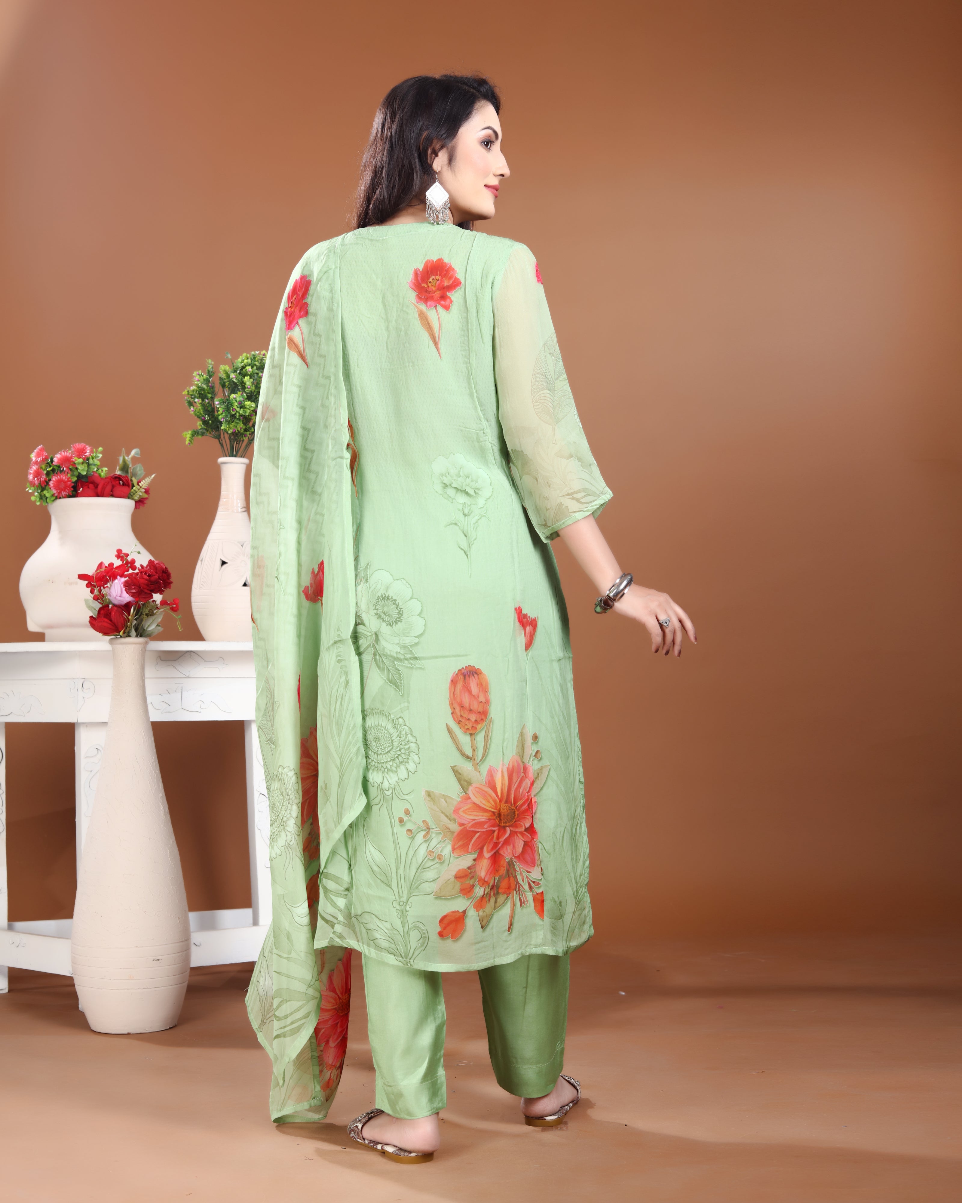 Mint Green Fulkari Organza Silk Kurti Set