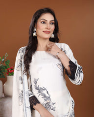 White & Black Silk Kurti set with Floral Handwork