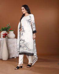 White & Black Silk Kurti set with Floral Handwork