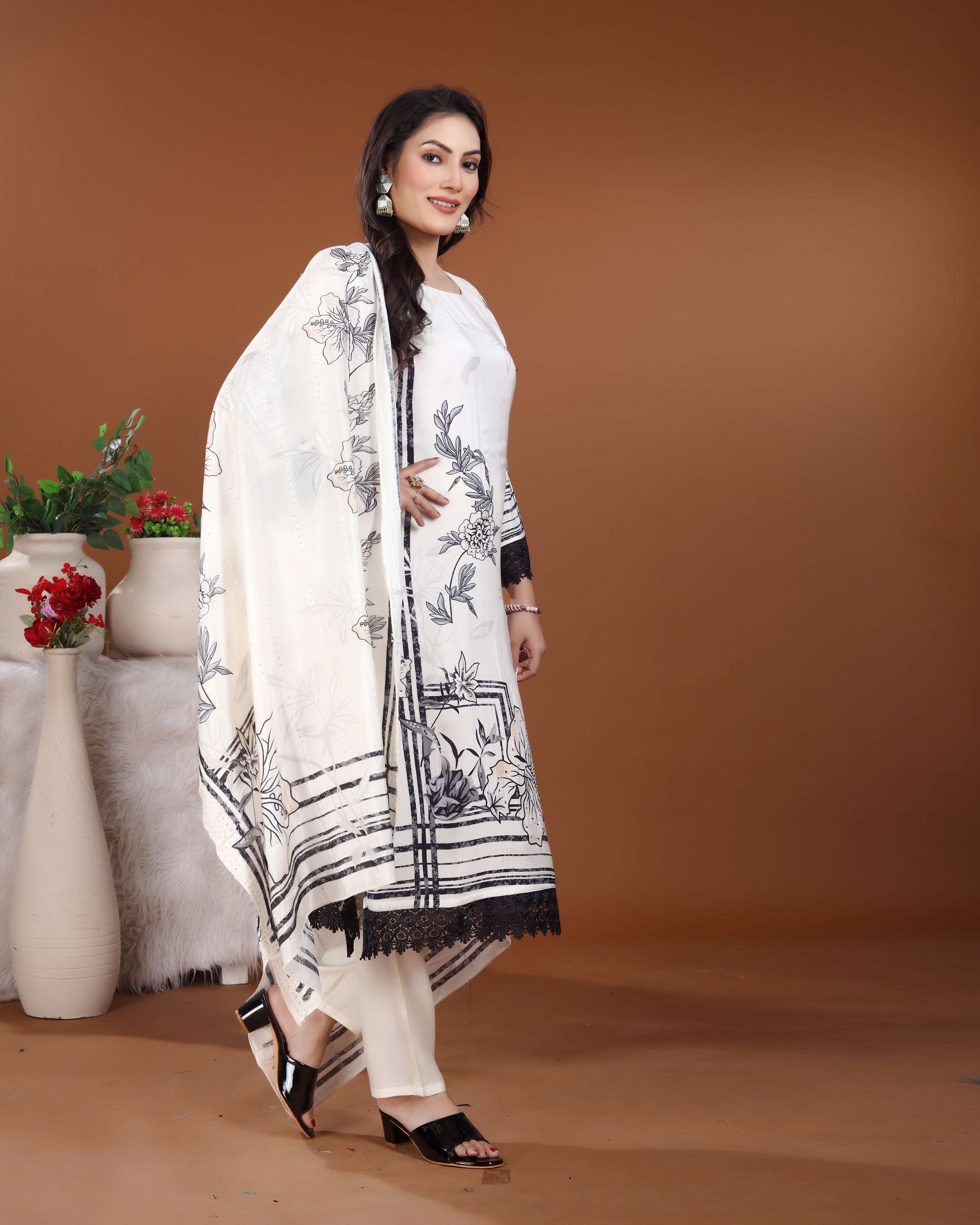 White & Black Silk Kurti set with Floral Handwork