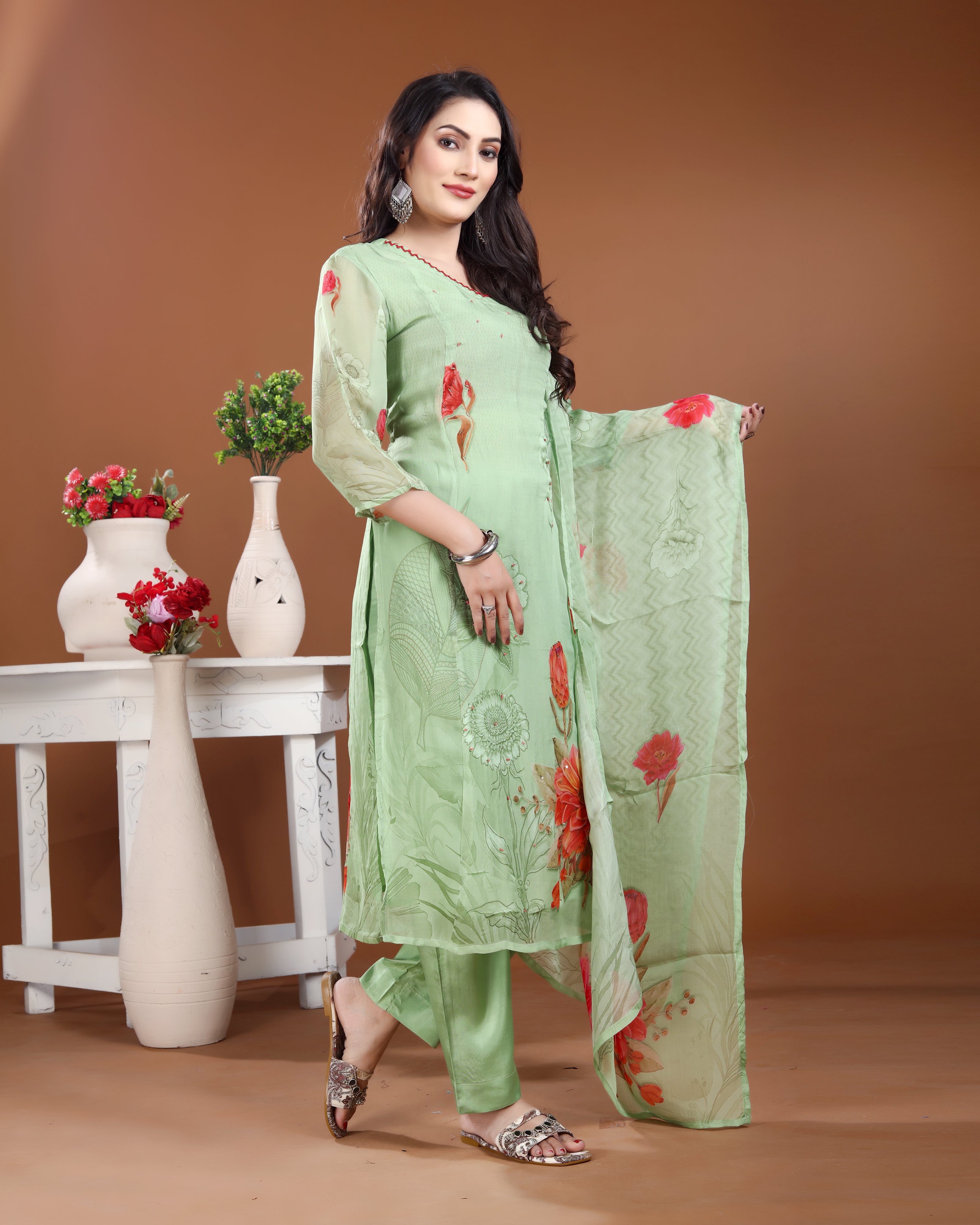 Mint Green Fulkari Organza Silk Kurti Set