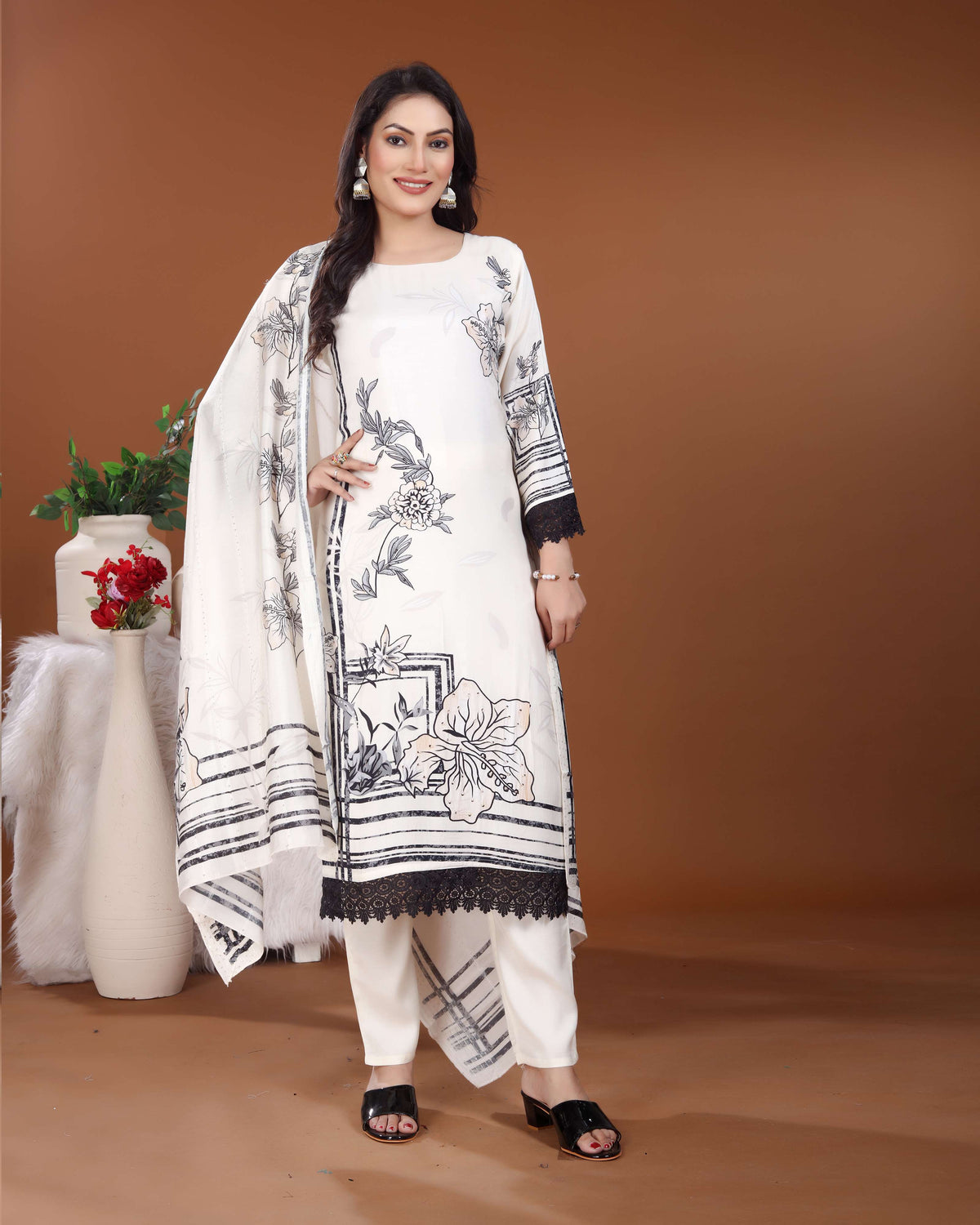 White & Black Silk Kurti set with Floral Handwork