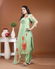 Mint Green Fulkari Organza Silk Kurti Set