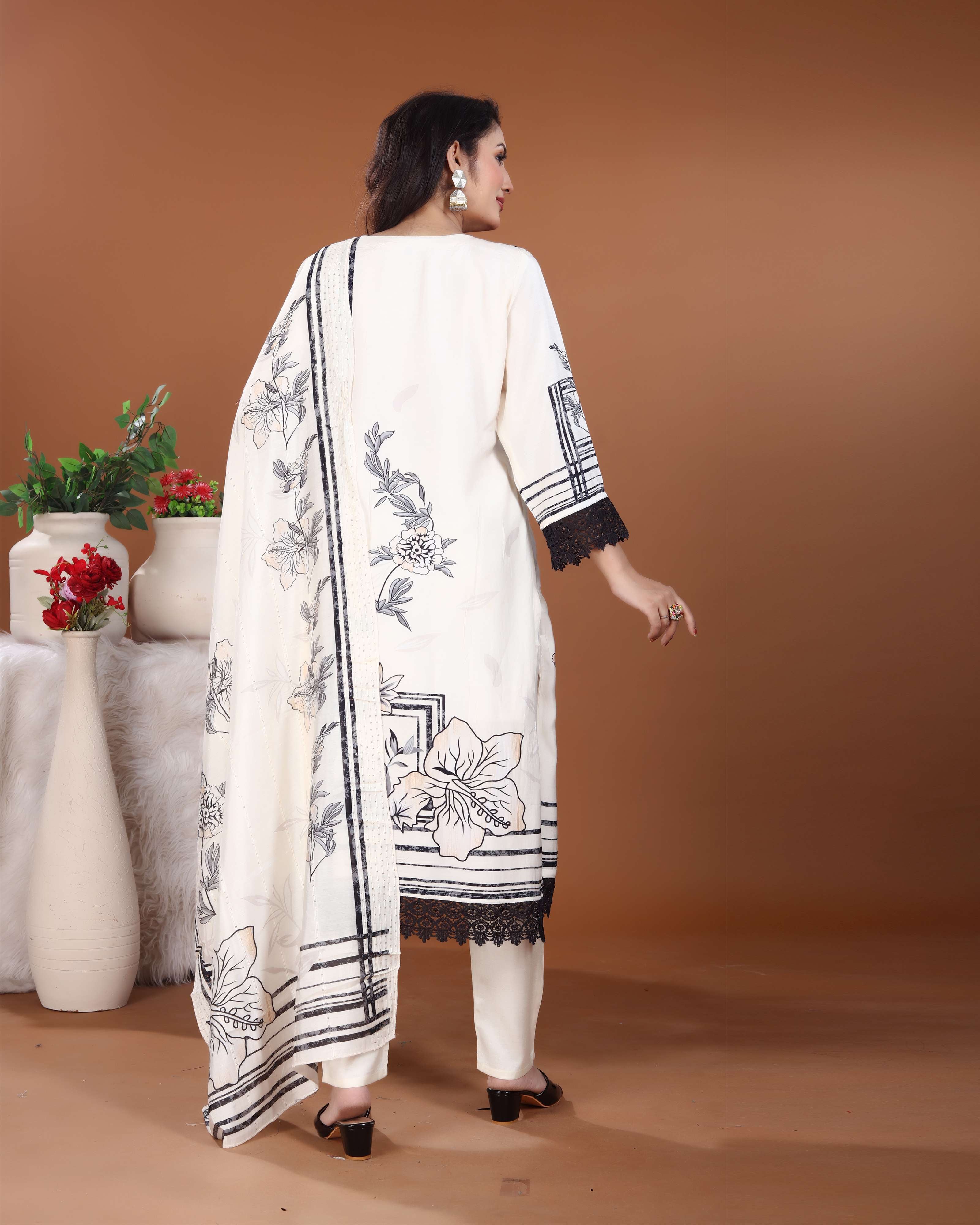 White & Black Silk Kurti set with Floral Handwork