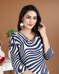 Navy Blue Leheriya Cotton Kurti Set