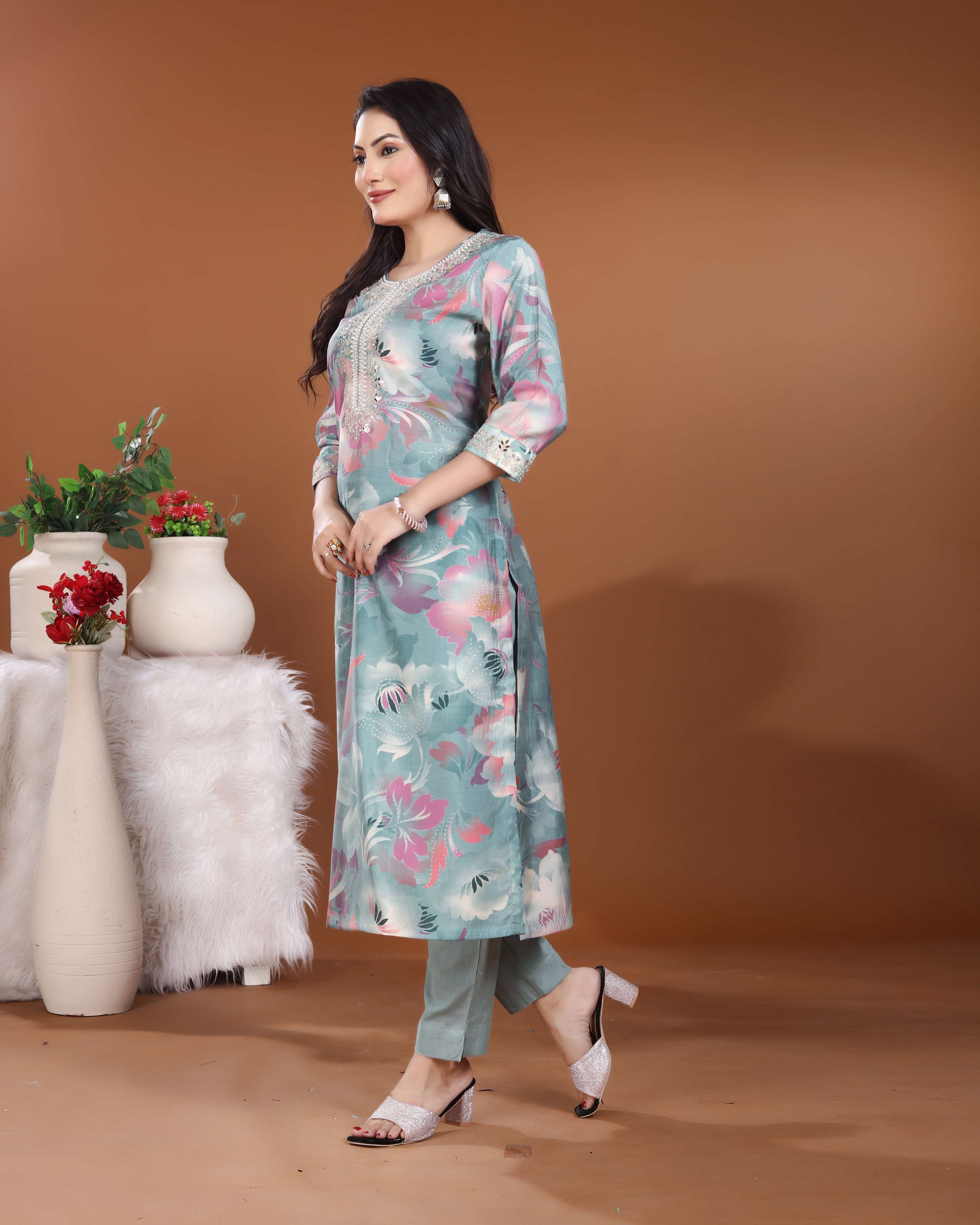 Light Turquoise Vintage Print Kurti Set