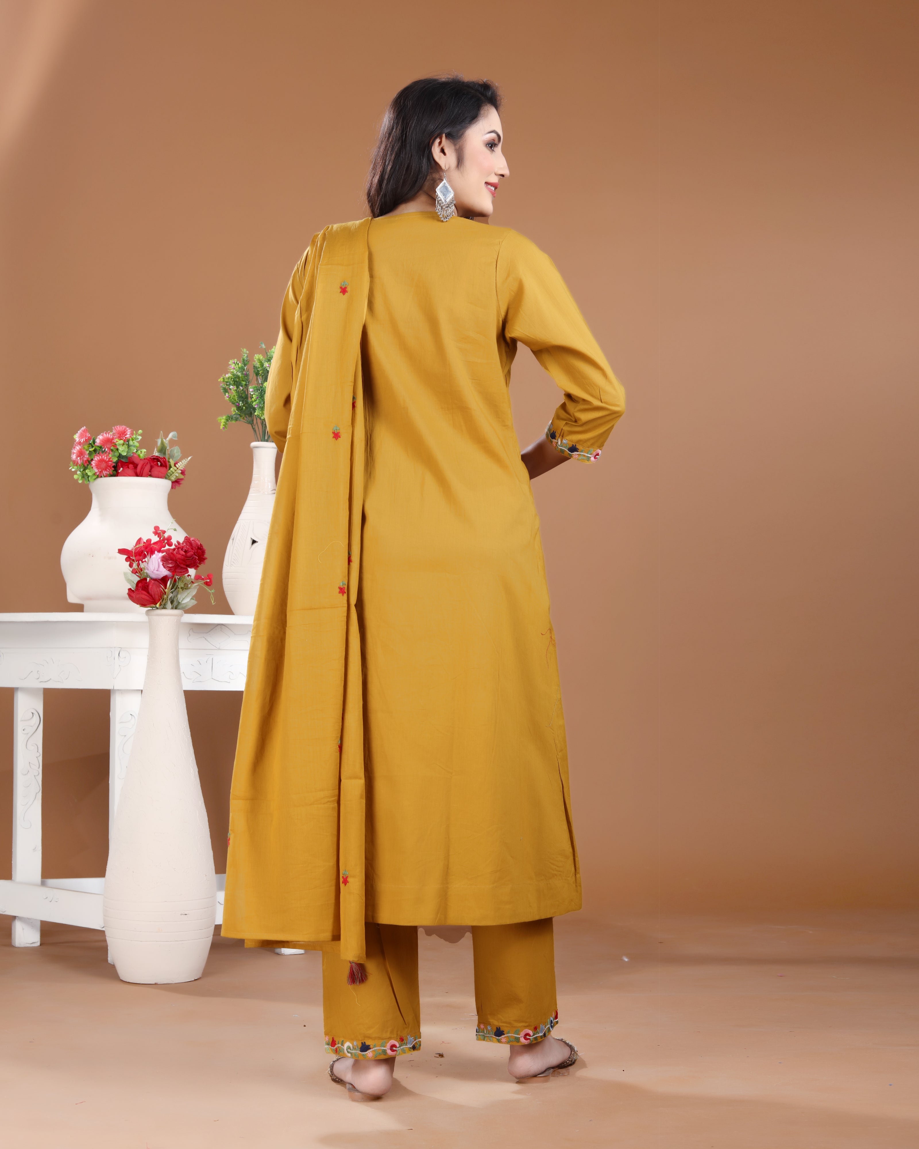 Mustard Gold Peacock Cotton Satin Kurti Set