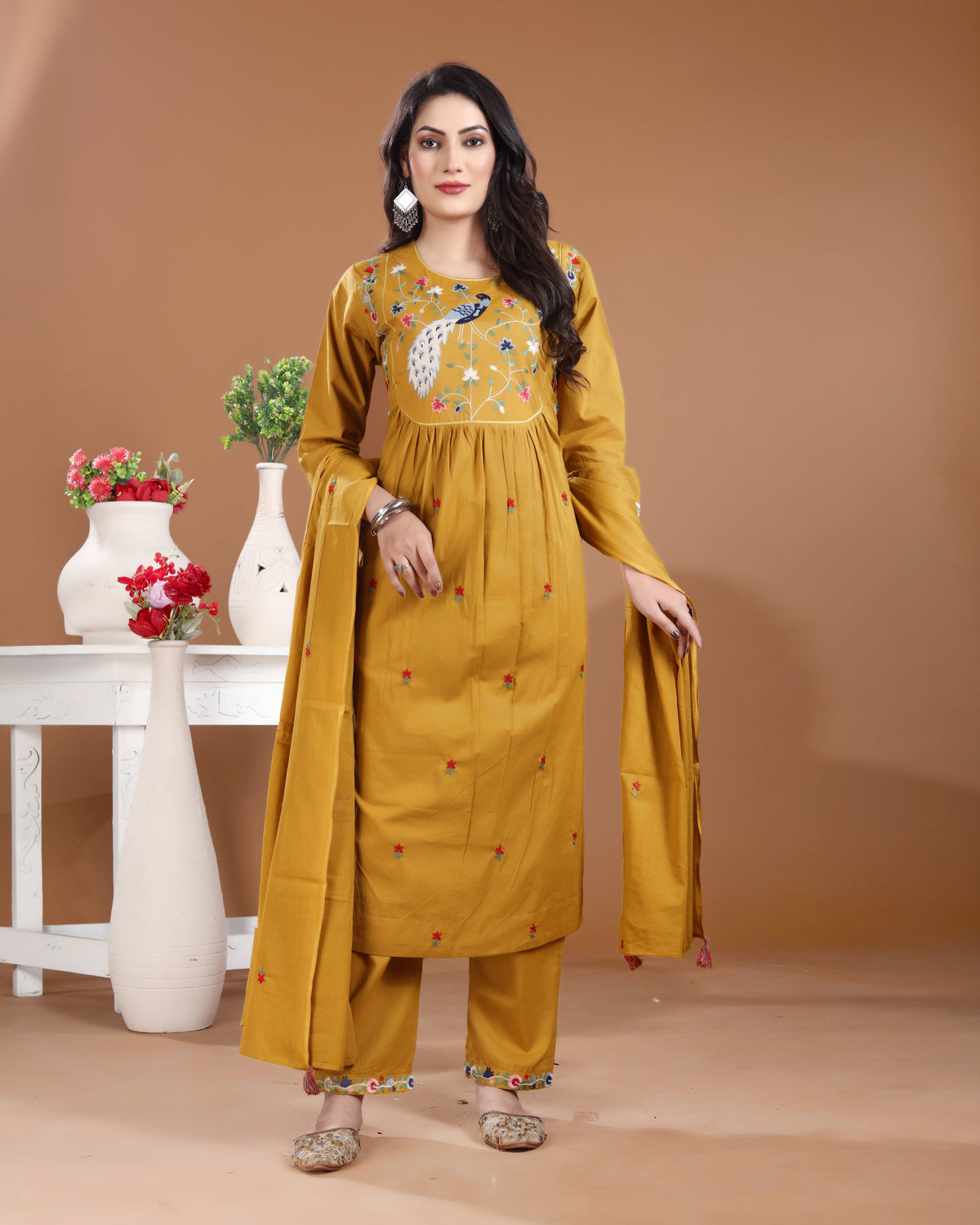 Mustard Gold Peacock Cotton Satin Kurti Set