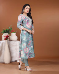 Light Turquoise Vintage Print Kurti Set