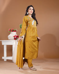 Mustard Gold Peacock Cotton Satin Kurti Set