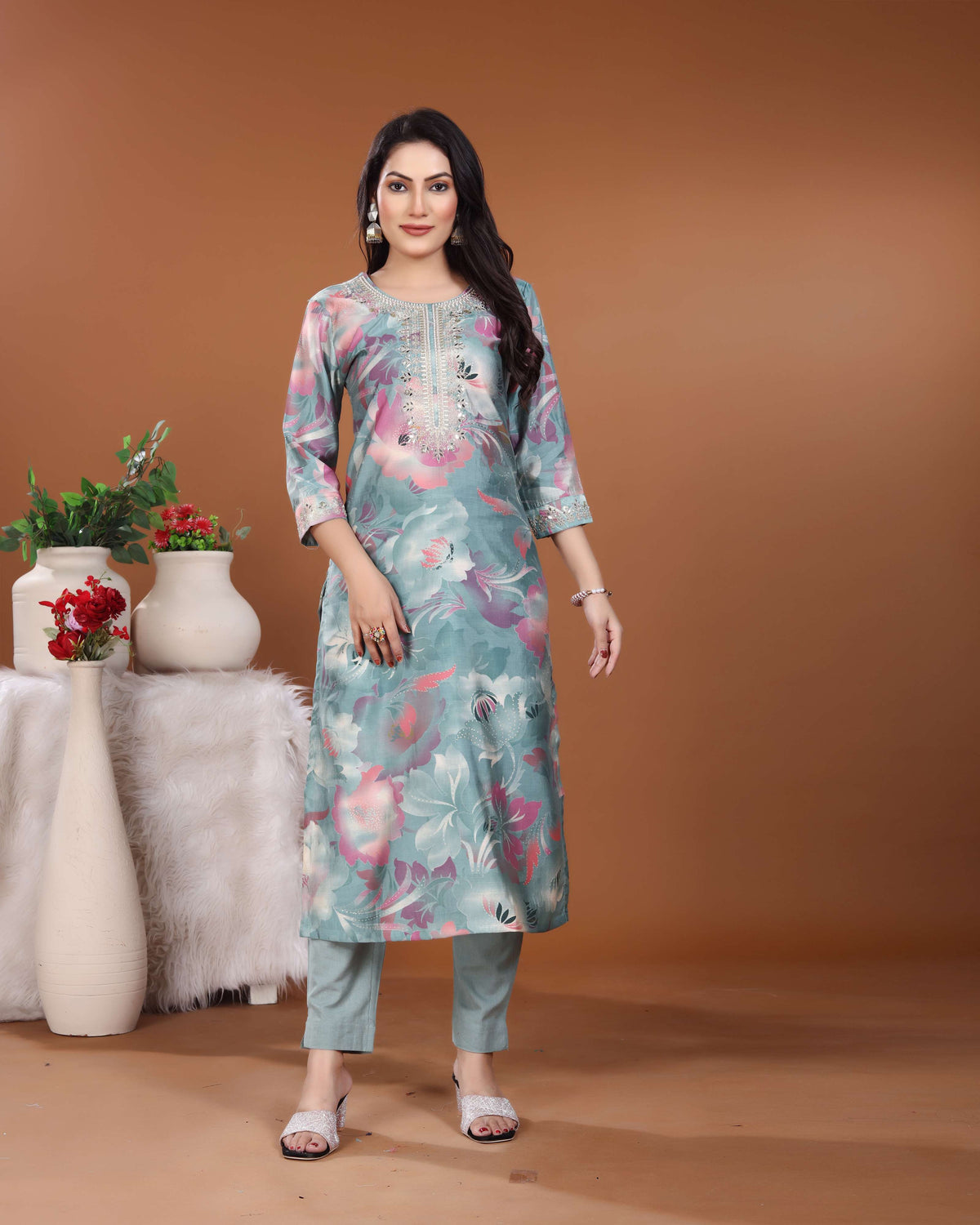 Light Turquoise Vintage Print Kurti Set