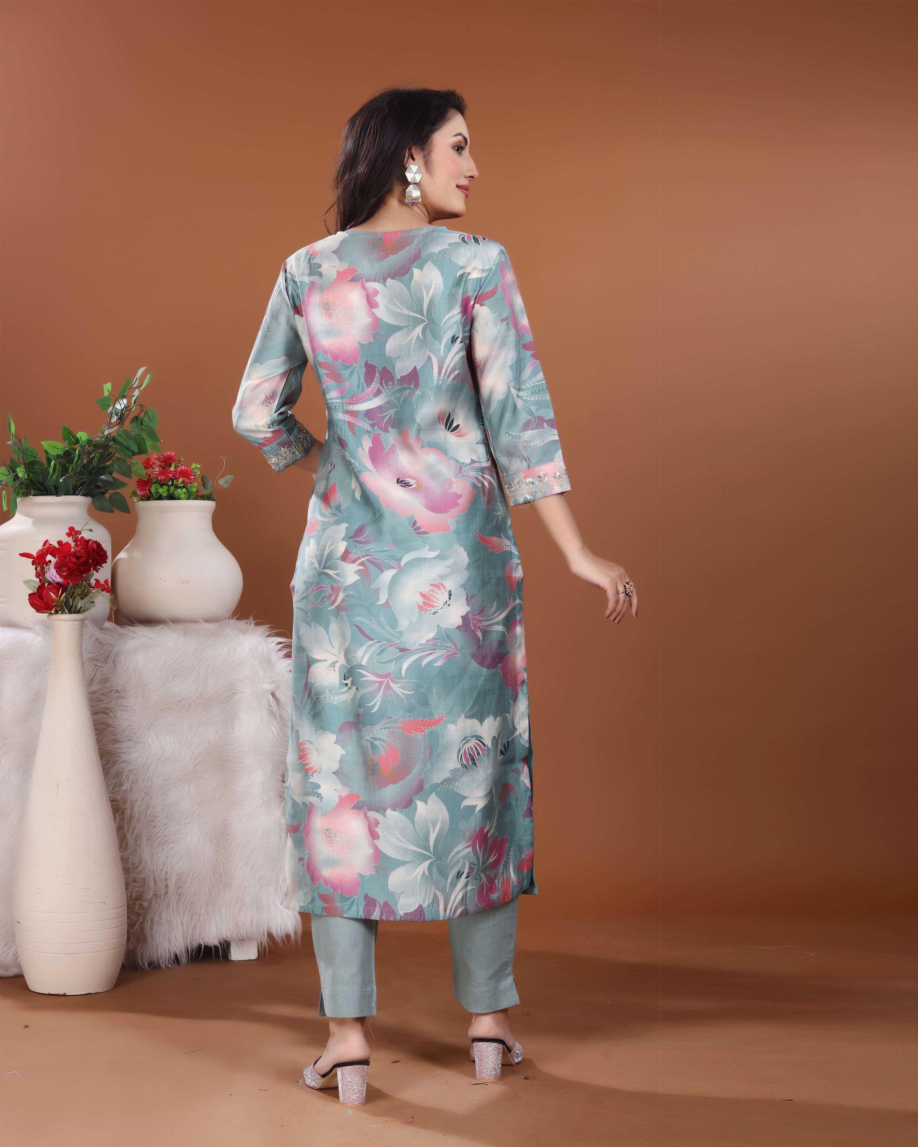 Light Turquoise Vintage Print Kurti Set