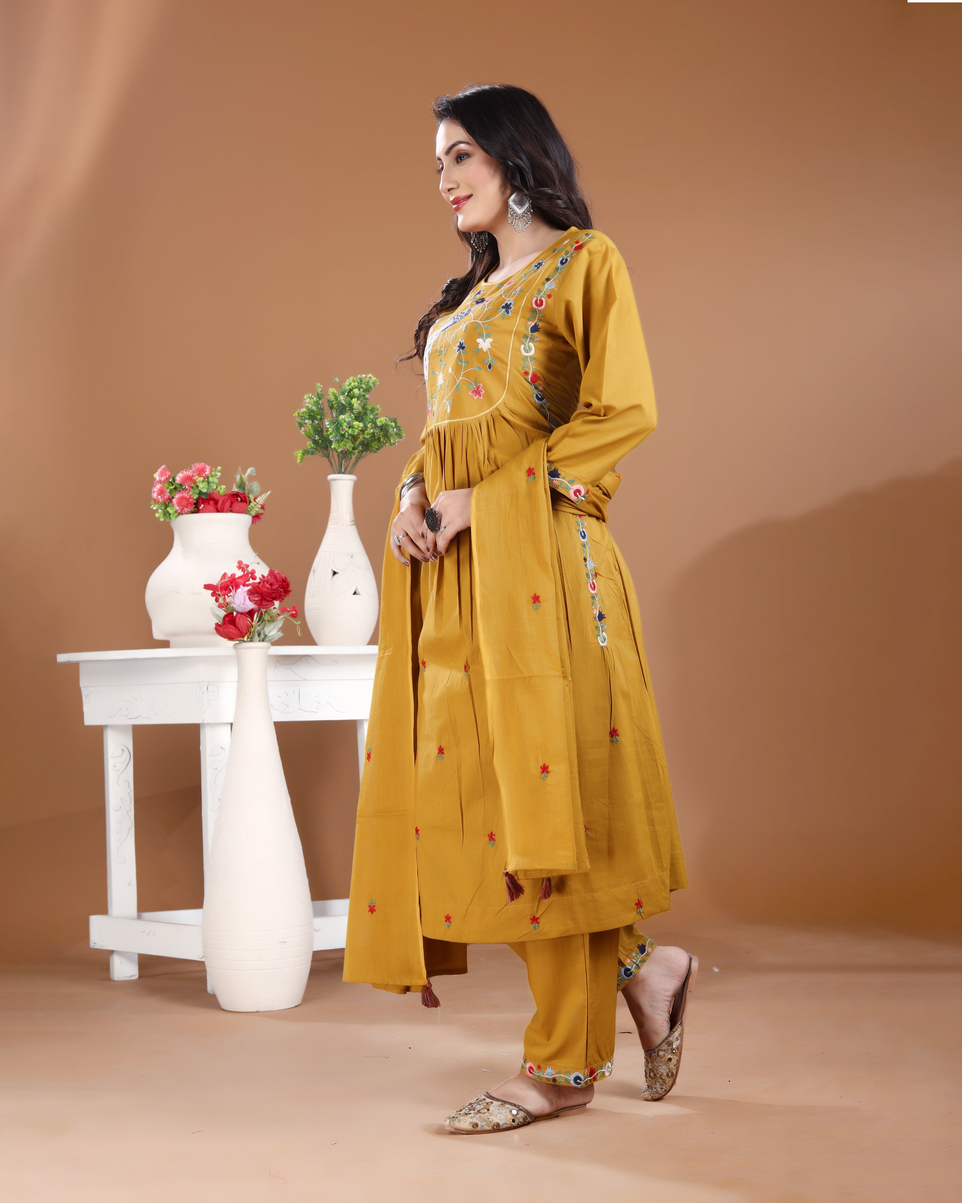 Mustard Gold Peacock Cotton Satin Kurti Set