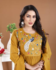 Mustard Gold Peacock Cotton Satin Kurti Set