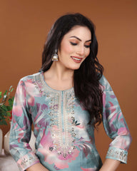 Light Turquoise Vintage Print Kurti Set