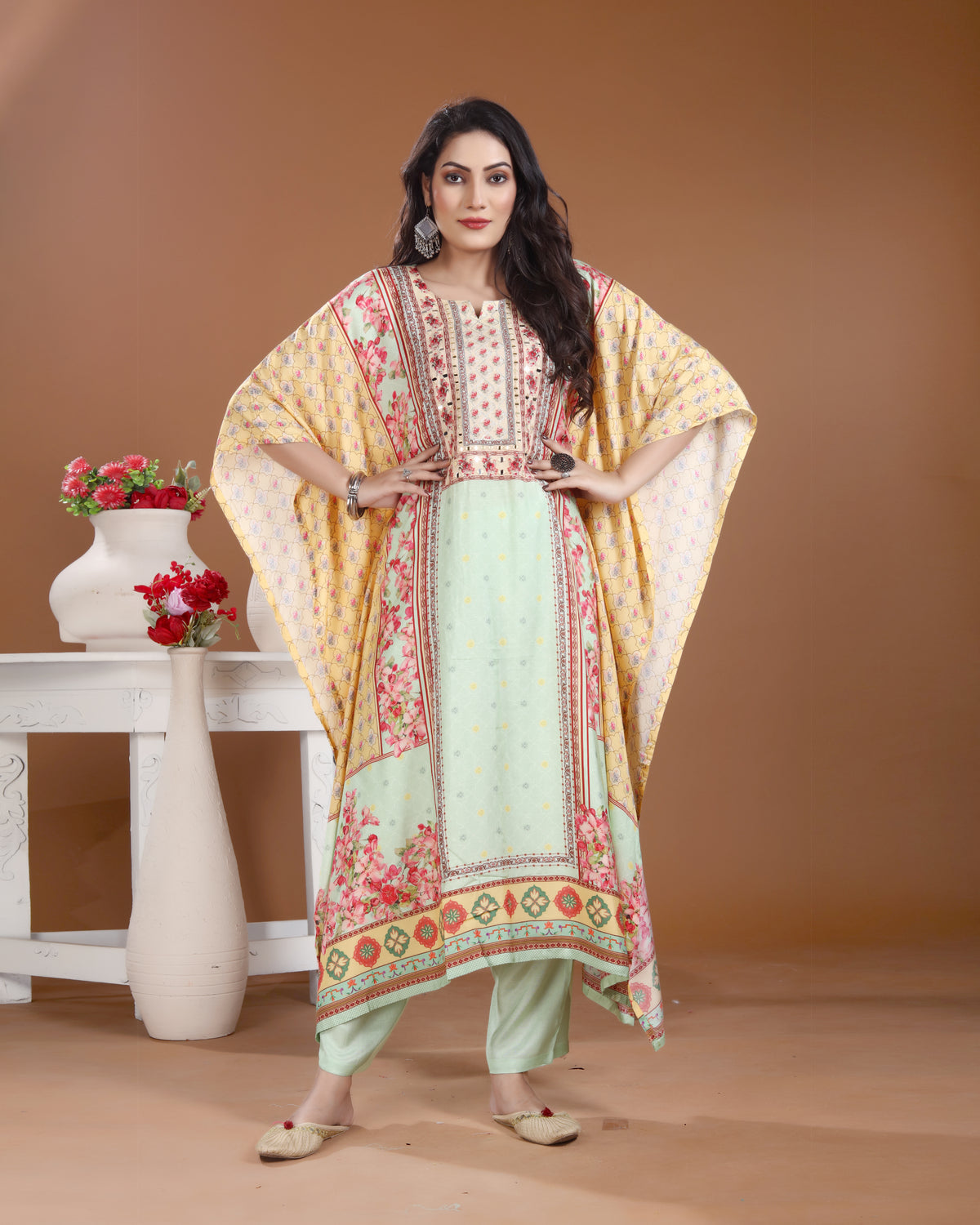 Light Yellow Mint Kaptaani Maslin Silk Kurti Set