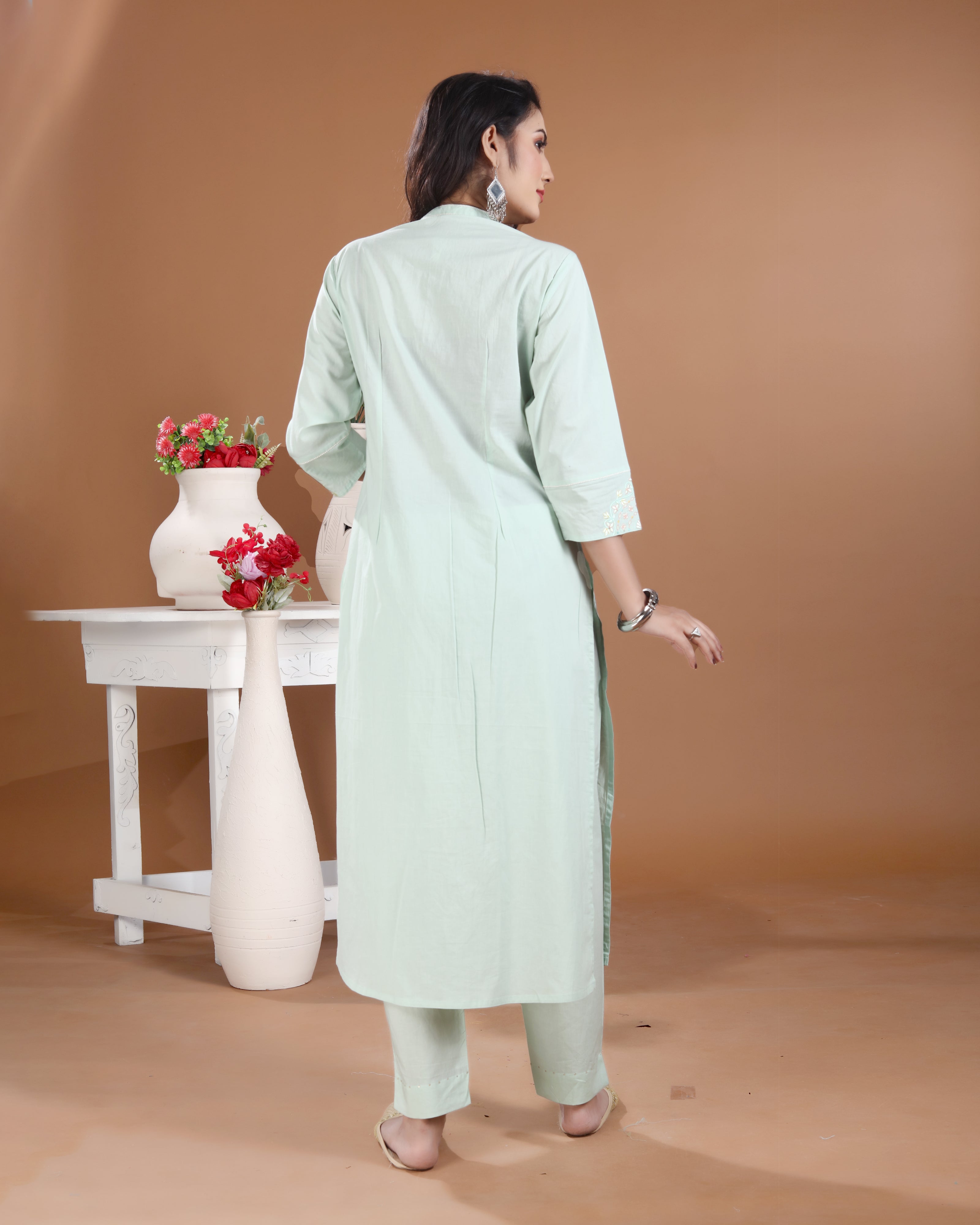 Light Mint Embroidered Cotton Kurti Set